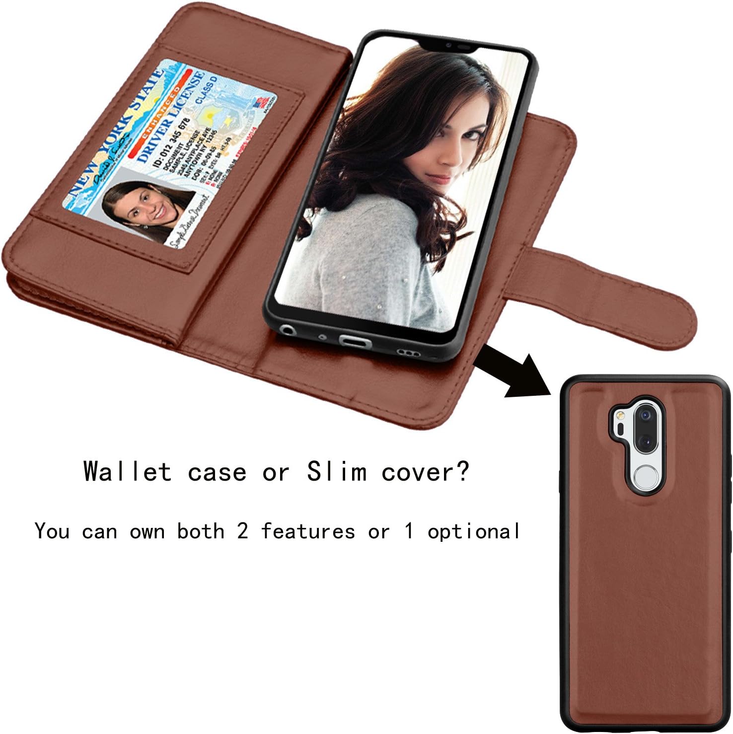Njjex for LG G7 ThinQ Wallet Case, for LG G7 Case, Luxury PU Leather [9 Card Slots] ID Credit Folio Flip [Detachable] [Kickstand] Magnetic Closure Phone Cover & Wrist Strap for LG G7 ThinQ [Brown]