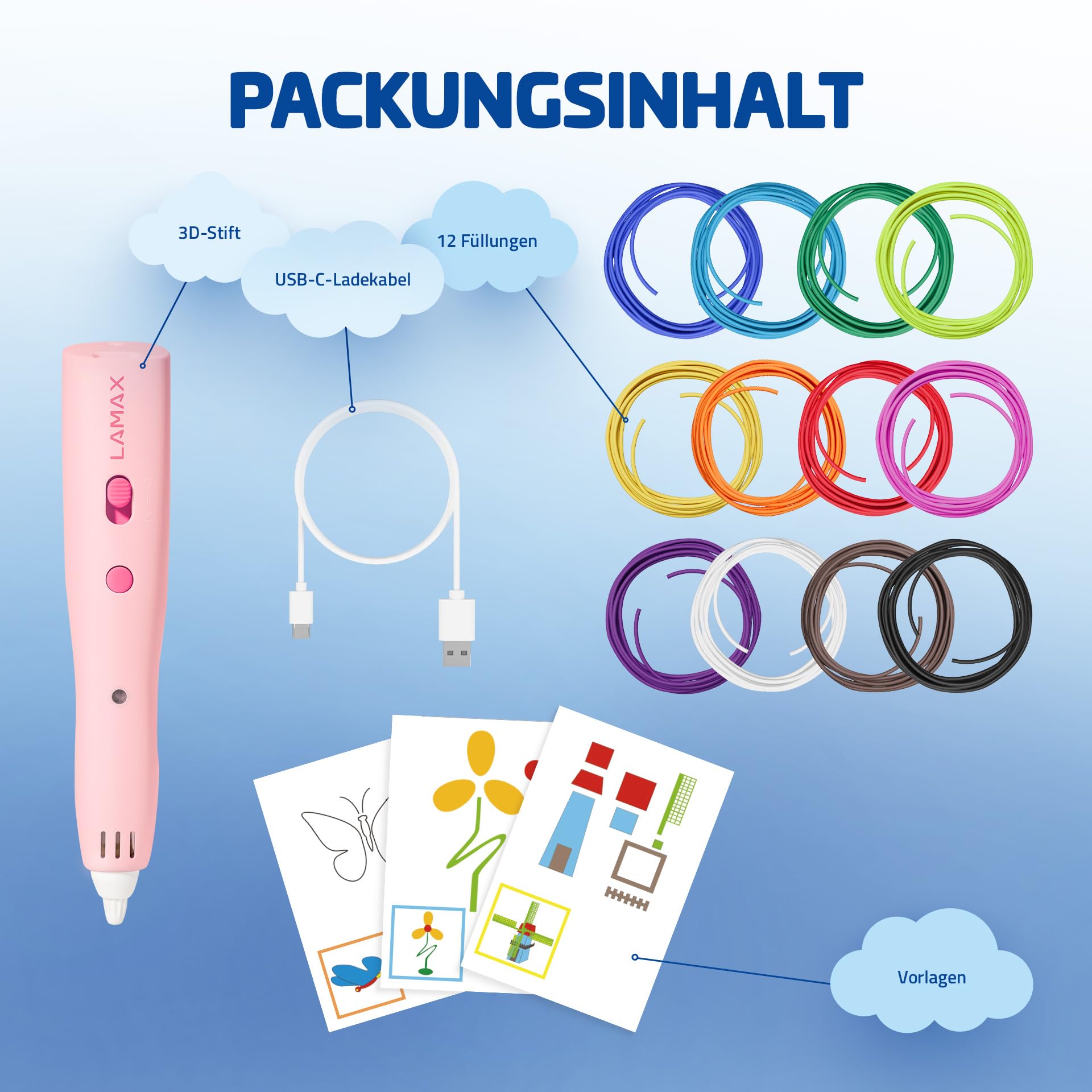 LAMAX ArtKid1 3D Stift für Kinder – kabelloser 3D-Druckstift mit TouchSafe, 37 m 12 PCL-Filamentfarben, USB-C, 2 Geschwindigkeiten, 2 Temperaturstufen, kreatives Geschenk für Mädchen & Jungen (Rosa)