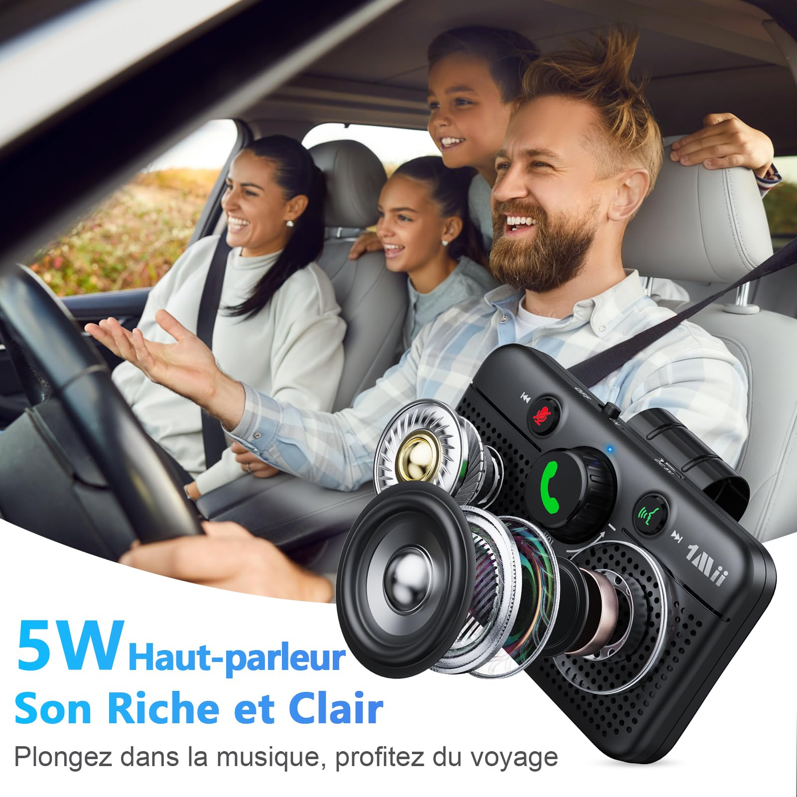 [Upgraded] 1Mii CarEcho MK02 Kit Main Libre Voiture Bluetooth 6.0 | 5W Haut-Parleur Voiture, 35H d'Autonomie, Auto Reconnexion, Siri Google Assistant Vocal, Appels Mains Libres/GPS/Musique
