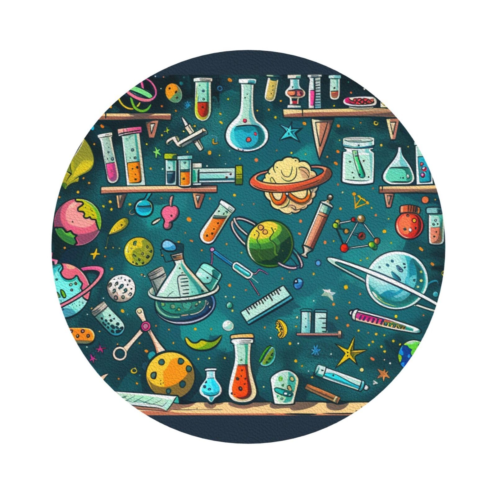 Cartoon Science Theme Print Leather Coaster Set of 6, Round Shape Coasters Table Decorative Coffee Cup Beverage Coasters Wine Beer Bar Coasters for Hot Drinks Table Protection