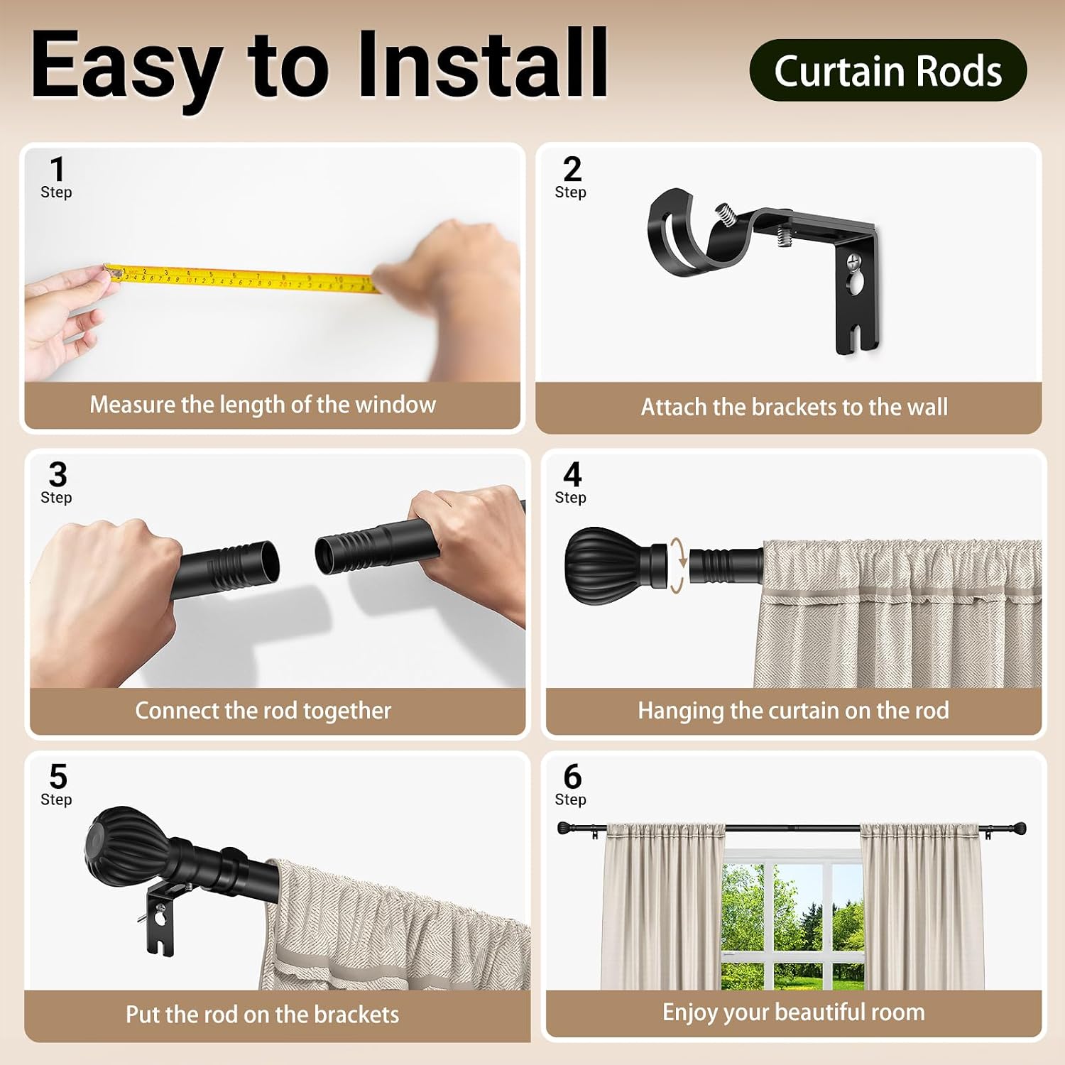 Curtain Rods for Windows 20.77 to 92.85 Inches, 1" Diameter Adjustable Black Curtain Rod, Window Treatment Rods with Round Finials, Easy Mount Hardware Included (46.77-96.85 Inches) thumbnail