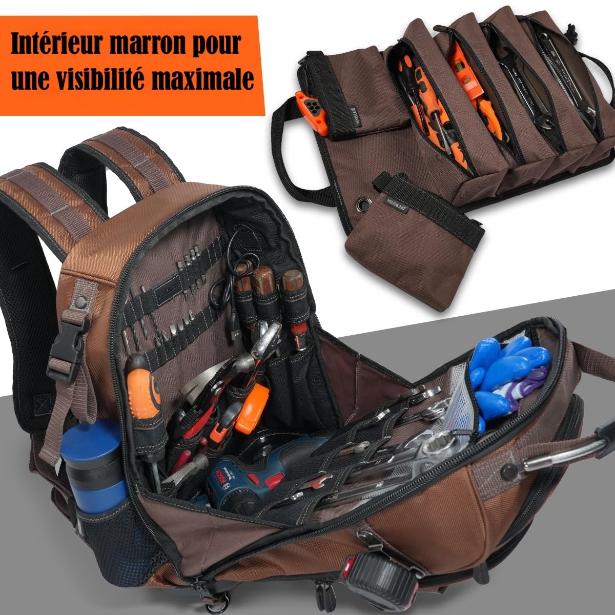 WELKINLAND Sac à dos à outils CVC 70 poches avec rouleau à outils, sac à outils