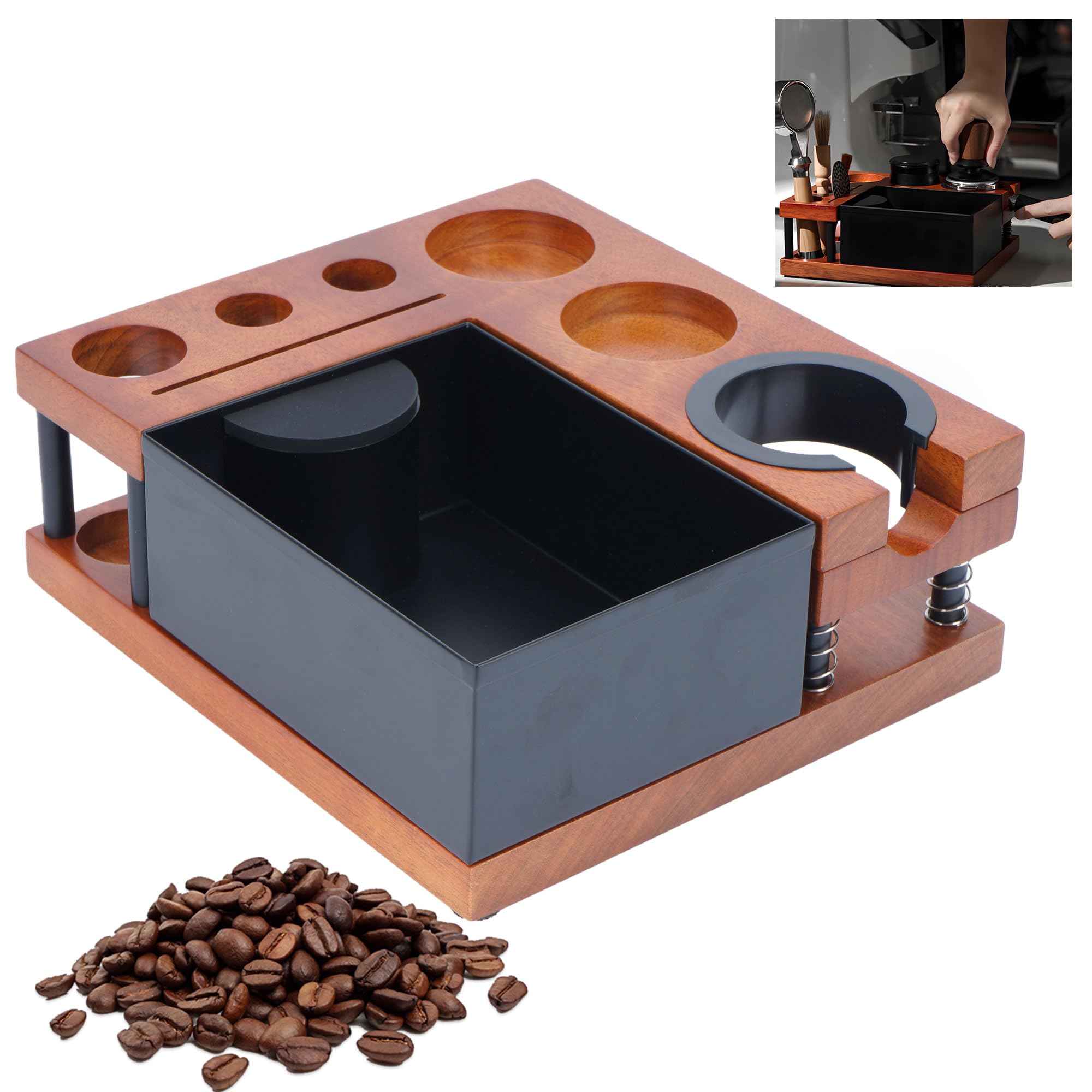 Espresso Knock Box - Estación de apisonamiento con 8 agujeros, 4 ranuras para tarjetas, caja organizadora de café expreso de madera maciza, apta para distribuidores de 51 a 58 mm, accesorios
