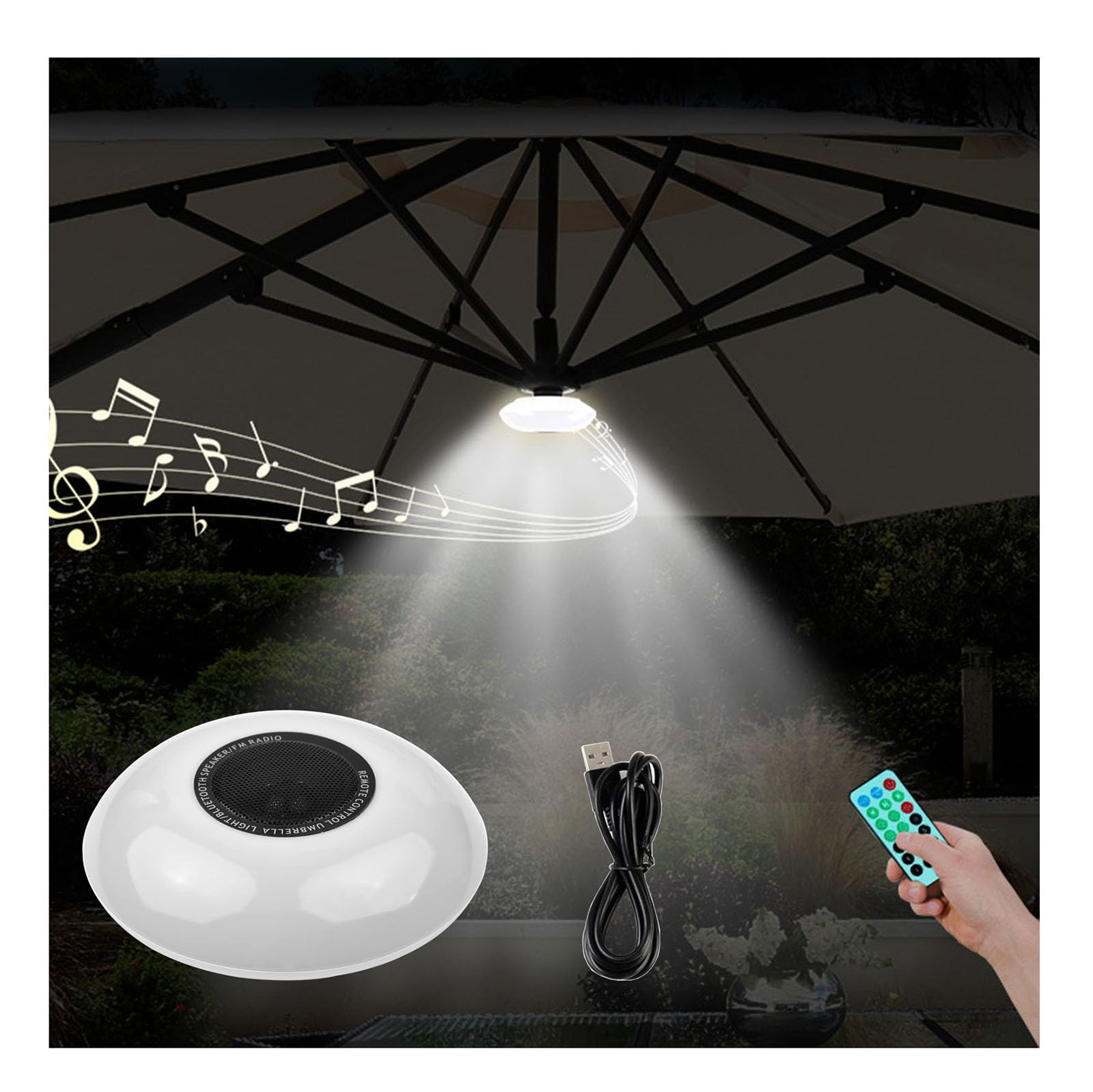 Luci per ombrellone 3 in 1 Altoparlante BT Radio FM LED Luci per ombrellone Ricaricabili Senza Fili con Telecomando 3000K Luce Calda e 6500K Luce Bianca per Tenda da Campeggio Patio