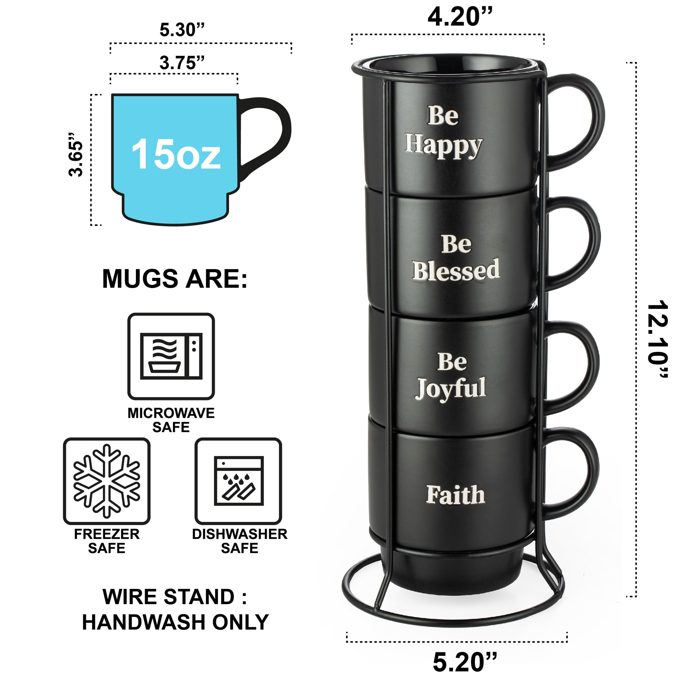 Signature Housewares Be Happy Kamionkowe kubki do kawy z metalowym stojakiem – 450 ml, do kawy, herbaty, gorącej czekolady, mleka, zestaw 4 szt., czarny matowy