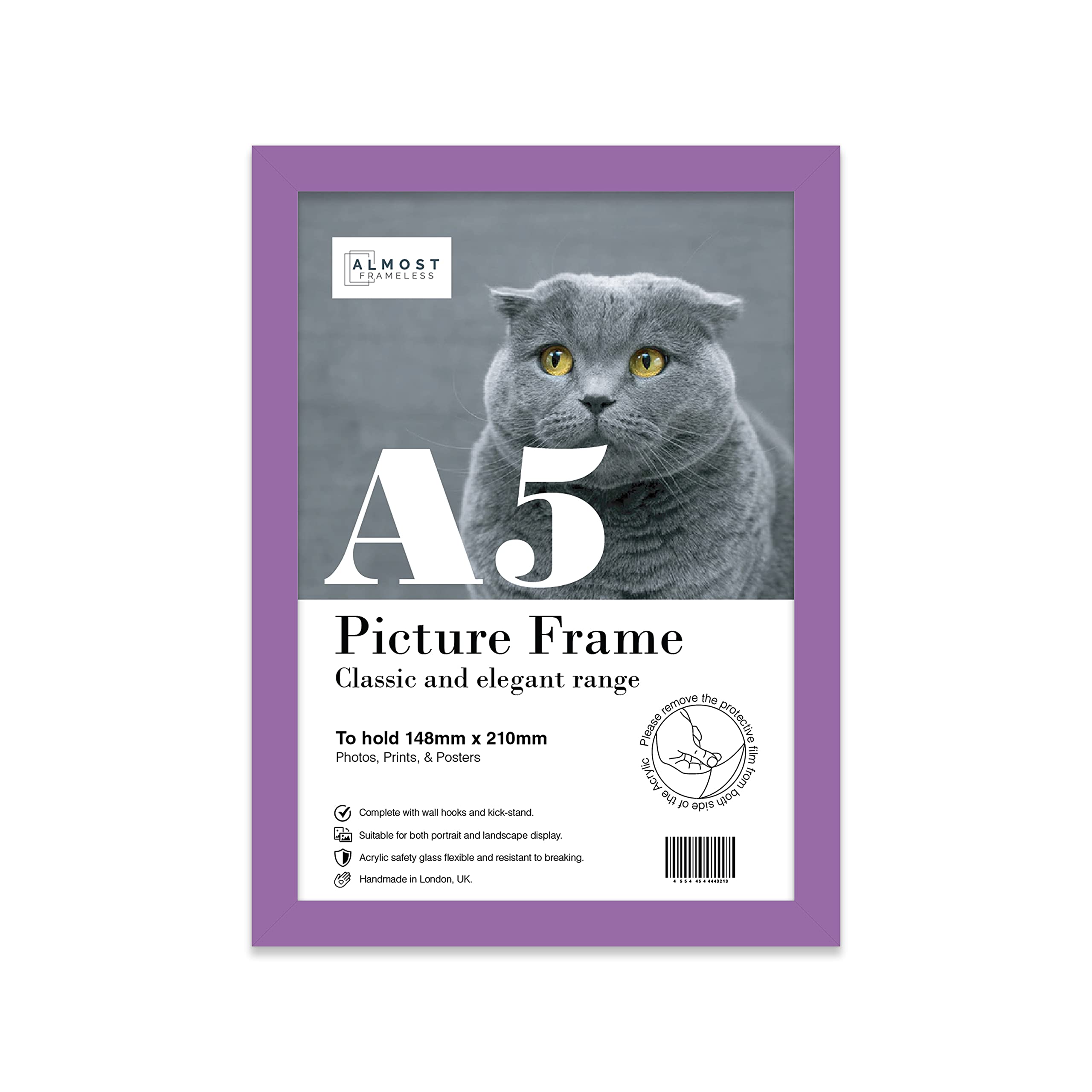 Almost Frameless A5 Purple Picture Frame, Fits A5 (14.8 x 21cm - 5.8 x 8.3in) Poster, Photo, or Print. Portrait and Horizontal Wall Hooks/Kickstand Wall Art Display