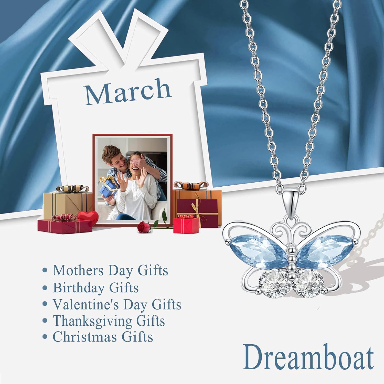 Dreamboat Butterfly Birthstone Pendant Necklace for Women 925 Sterling Silver Cubic Zirconia Jewelry Anniversary Birthday Gifts for Mom Wife Daughter Her - Image 3