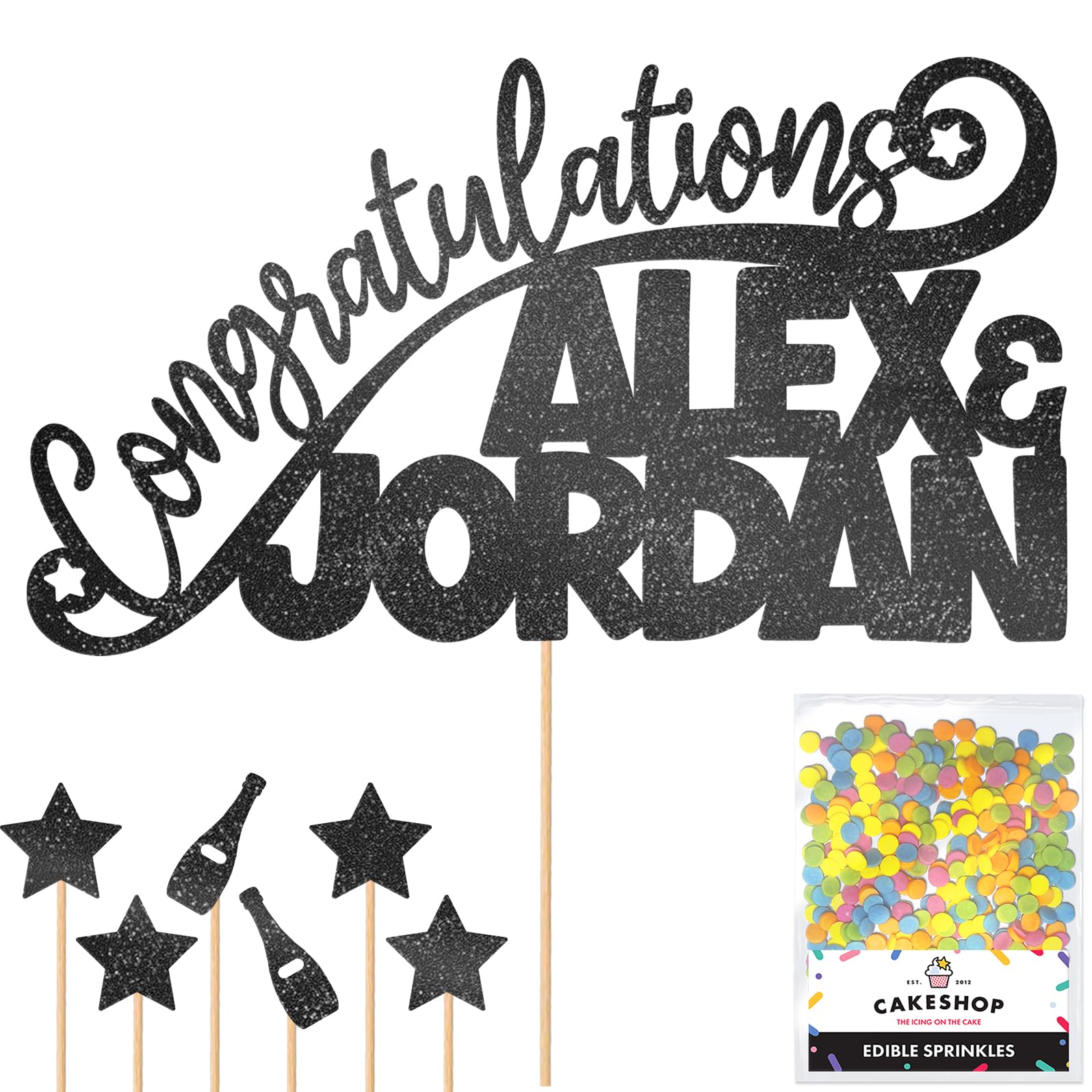 Personalised Congratulations Celebration Glitter Cake Topper - Black Any Name(s) Cake Decoration and Sprinkles - Any Occasion Party Decorations - Personalised Toppers for Cakes by Cakeshop