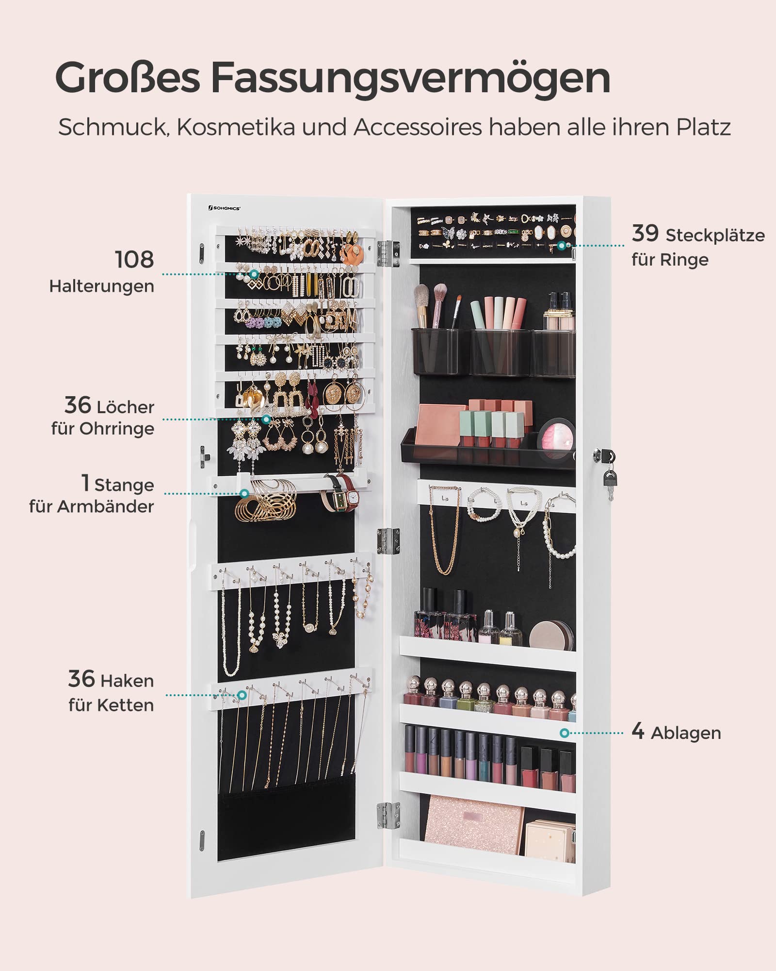 SONGMICS Schmuckschrank hängend, Hängeschrank, abschließbarer Spiegelschrank, Wandschrank mit rahmenlosem Ganzkörperspiegel und 2 separaten Make-up-Organizern, für Ketten, Ohrringe, weiß JJC001W01
