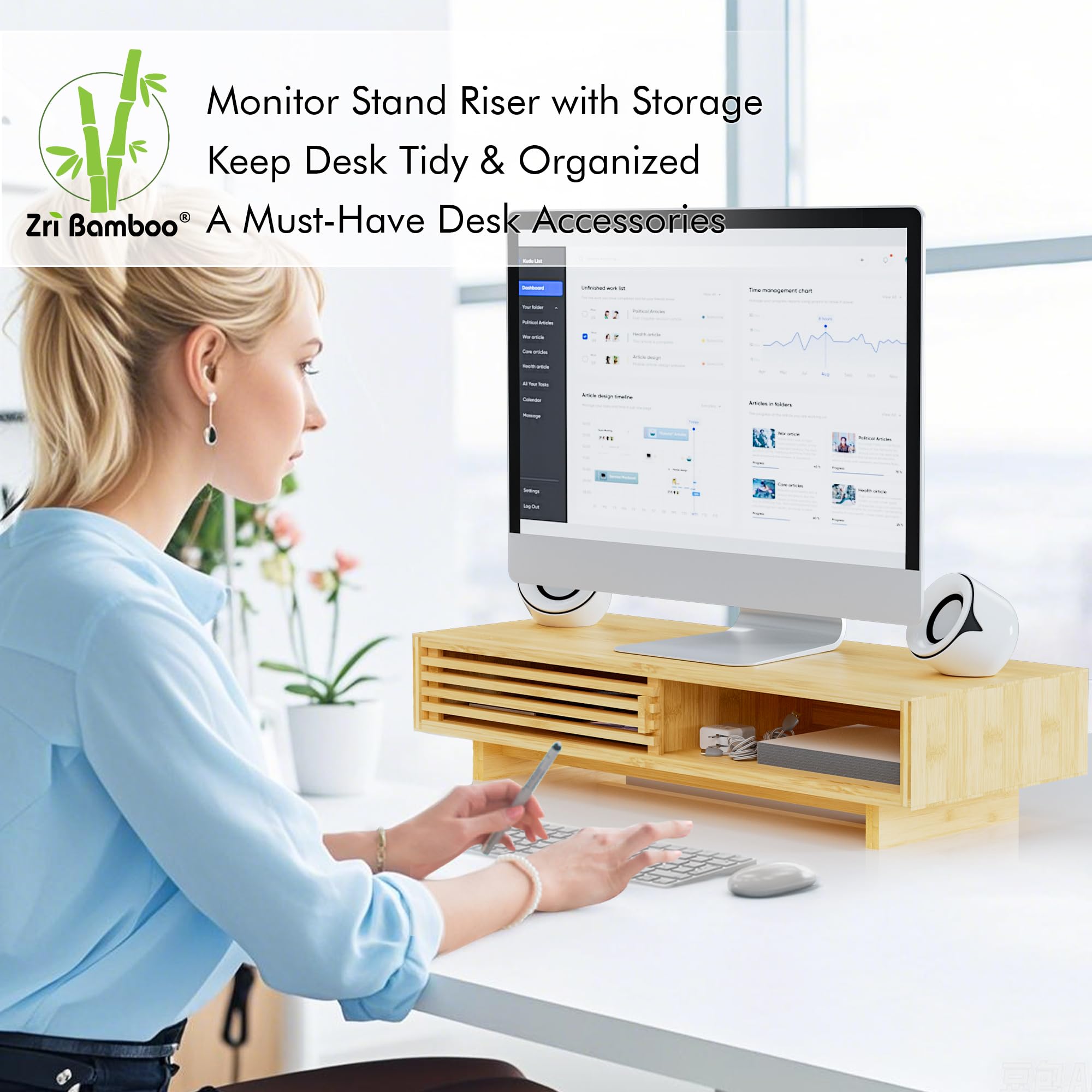 Zri Bamboo Monitor Stand With Drawer | Single Monitor Riser & Laptop Stand | Desk Organizer With Storage