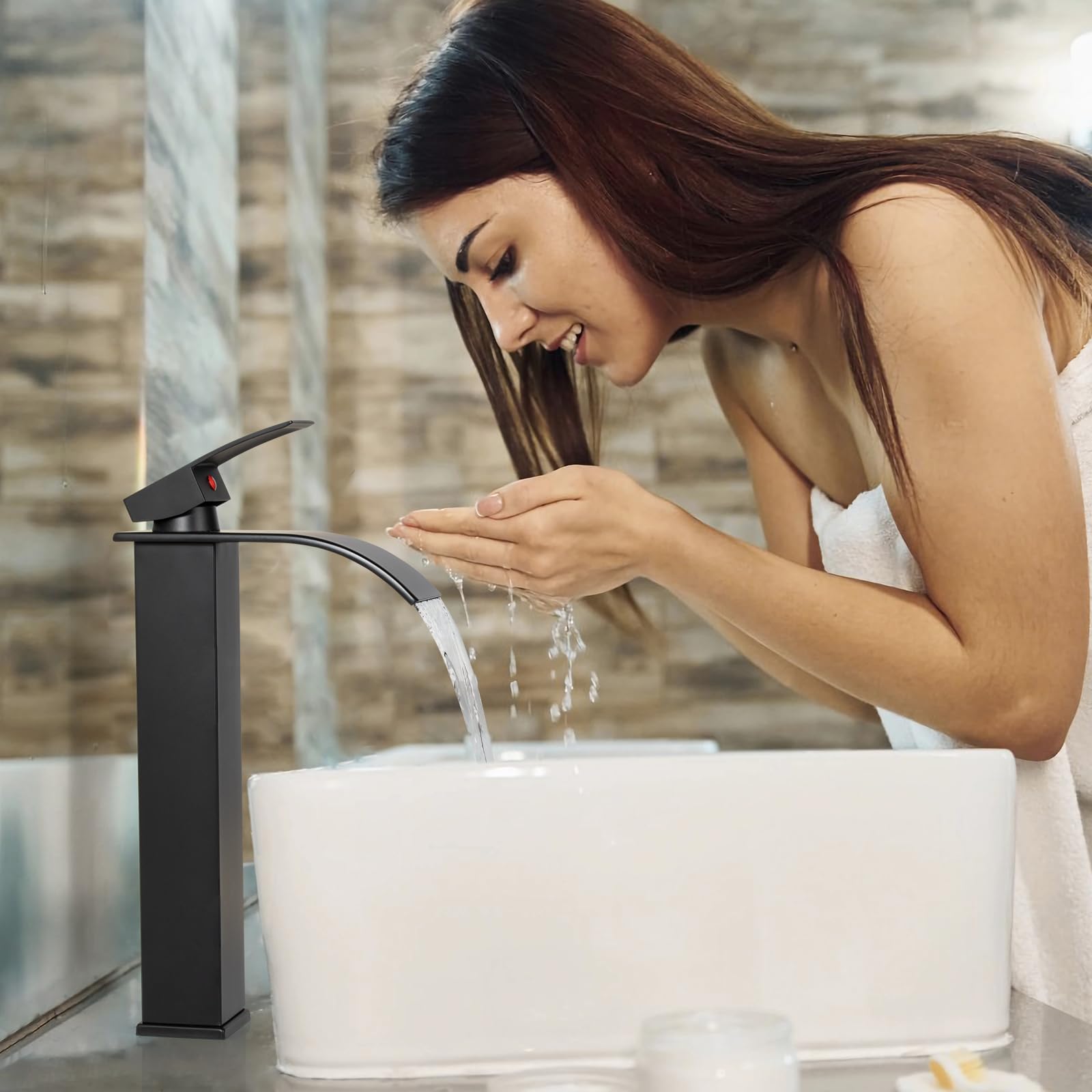 Mitigeur Lavabo Robinet Lavabo Salle De Bain Moderne Robinet Lavabo Noir Cascade Robinet Salle de Bain avec Hauteur 300 MM Mitigeur Monocommande Lavabo Eau Chaude et Froide Disponible (Noir)