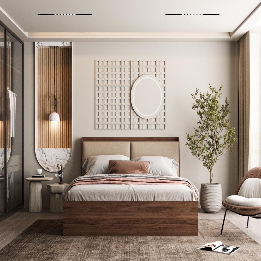 Wakefit Bed | King (78 X 72) Engineered Wood Bed, Upholstered, with Storage, 3 Year Warranty | - Mars - Columbian Walnut_Omega Pearl