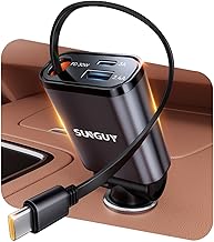 SUNGUY 3-in-1 Car Charger, Ultra Small Winder, Cigarette Lighter Socket, Rapid Charging, Compatible with 12/24V Cars, 3 Devices Simultaneously, 31.5 inches (80 cm), Type-C Cable, iPhone 16/15 Series