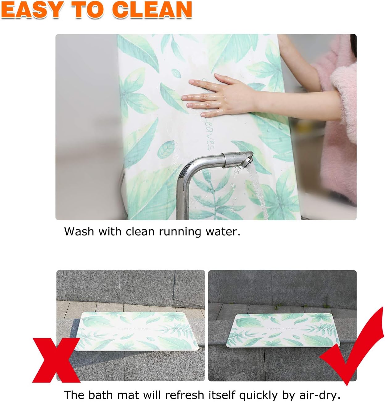 Egofine Bath Mat - Absorbent Diatomaceous Earth Bath Mat, Deodorant Non Slip Fast Drying for Bathroom Floor in 23.6" x 15", Green Leaves