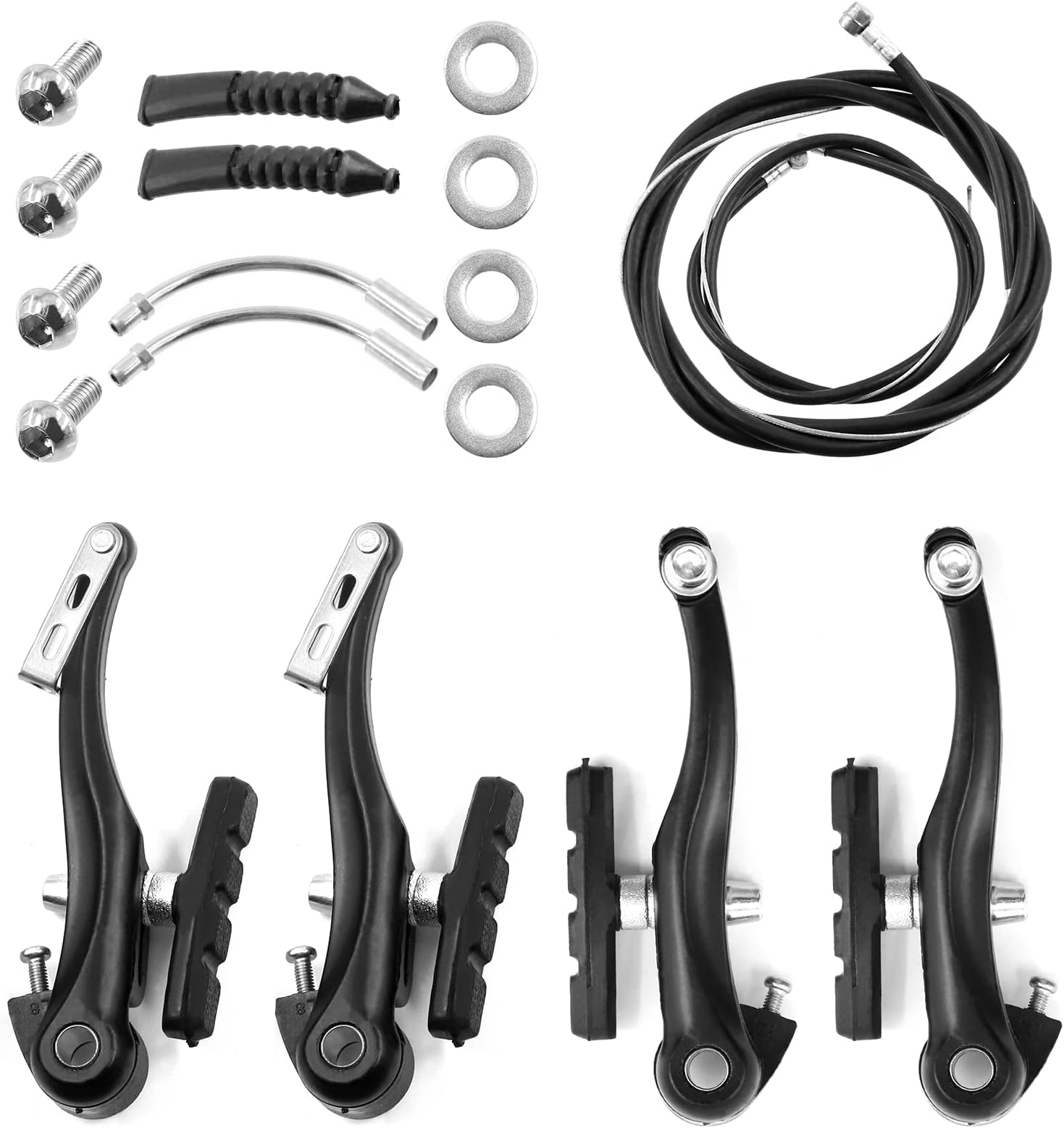 Glarks 6Pcs Bike Brake Set Includes 2 Pairs 4Pcs V-Bike Brakes, 2Pcs Black Front and Rear Brake Cables Professional Bicycle Brake Lines for Mountain Road Bikes