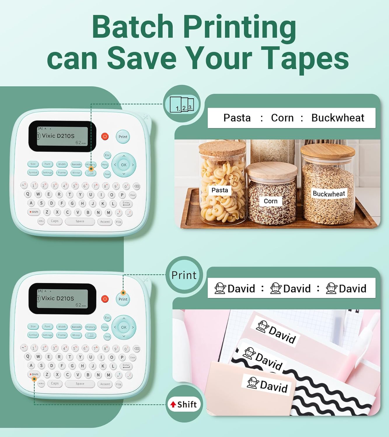 Vixic Label Maker, D210S Label Maker Machine with 4 Laminated Tapes, 12mm Labeler Labelmaker with Waterproof-Labels & QWERTY Keyboard, Print Different Fonts Frame for Home Office Kids School Items