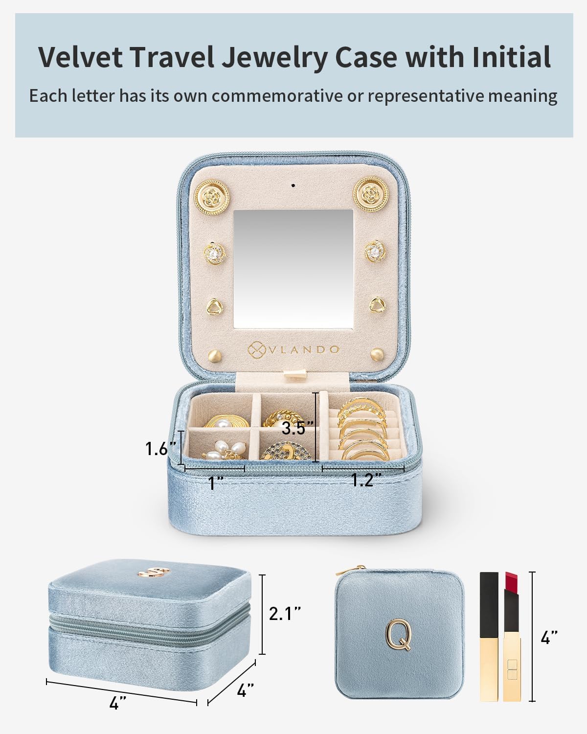 VLANDO Jewelry Travel Organizer, Letter Q Velvet Design with 4 Compartments image 4
