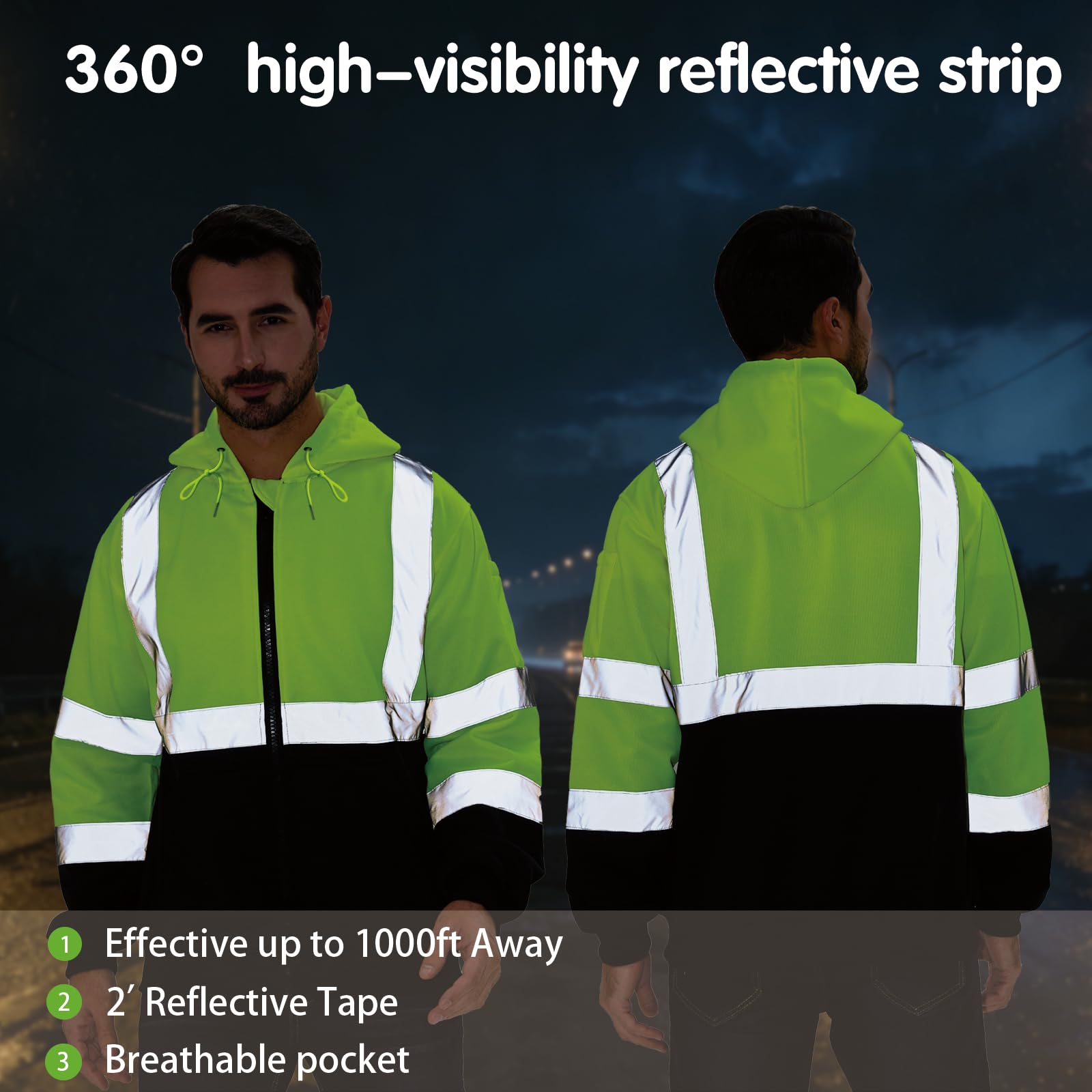 Sudadera con capucha de seguridad de alta visibilidad, reflectante, color amarillo neón y negro, cremallera, Lima, X-Large