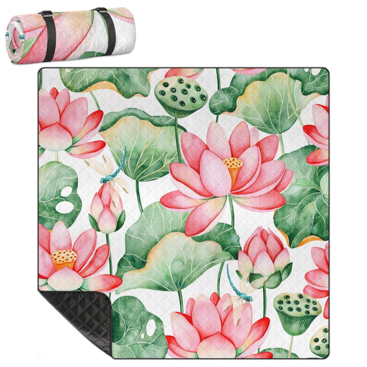 Shimoshe Extra Large Picnic Blankets 79”x 79”, Lotus Leaf Lotus Floral Waterproof Foldable Picnic Mat with Straps Portable Beach Blanket for Camping Park Grass Beach Indoor