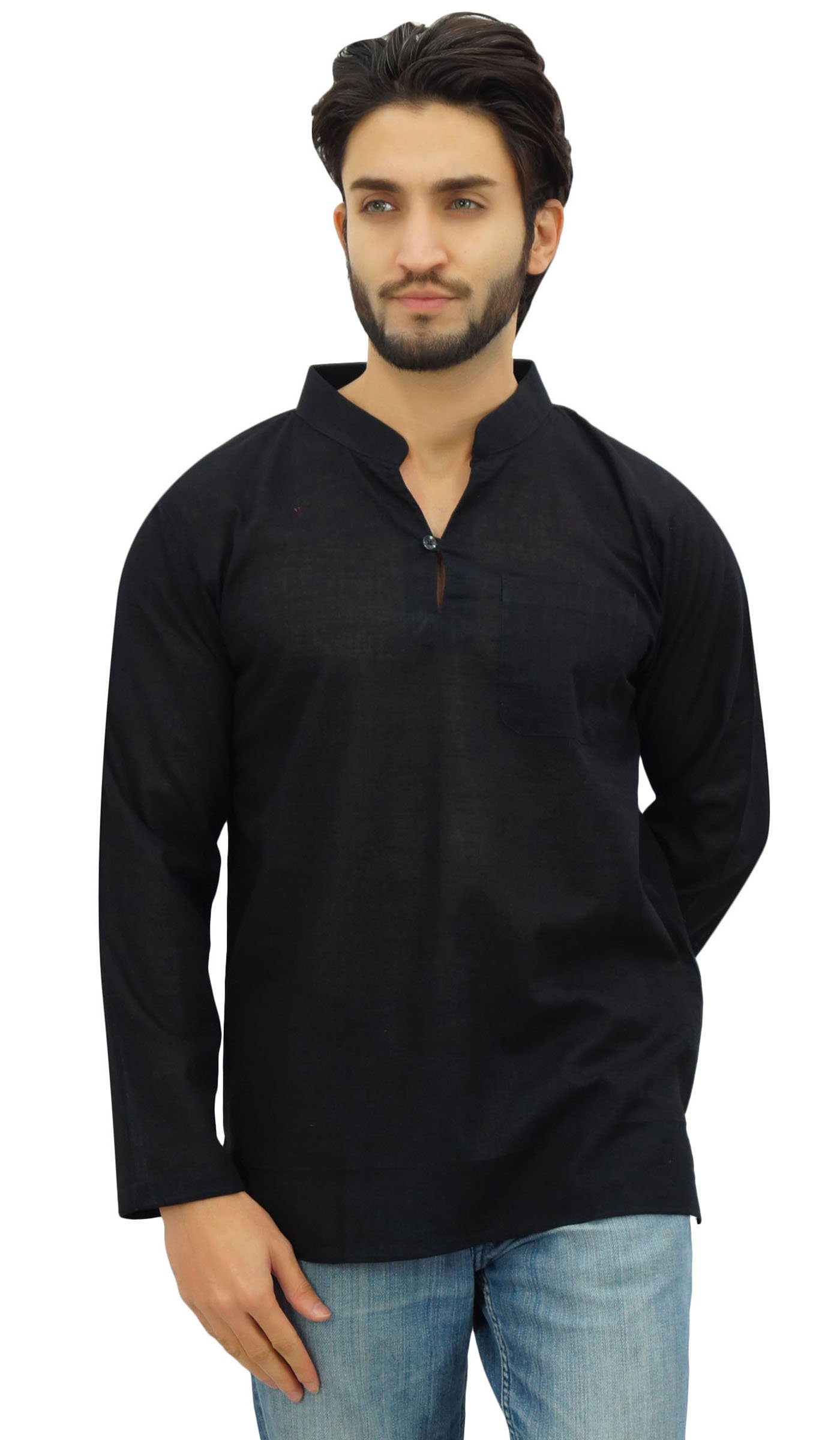 Men's Band Collar Short Kurta Cotton Casual Shirt