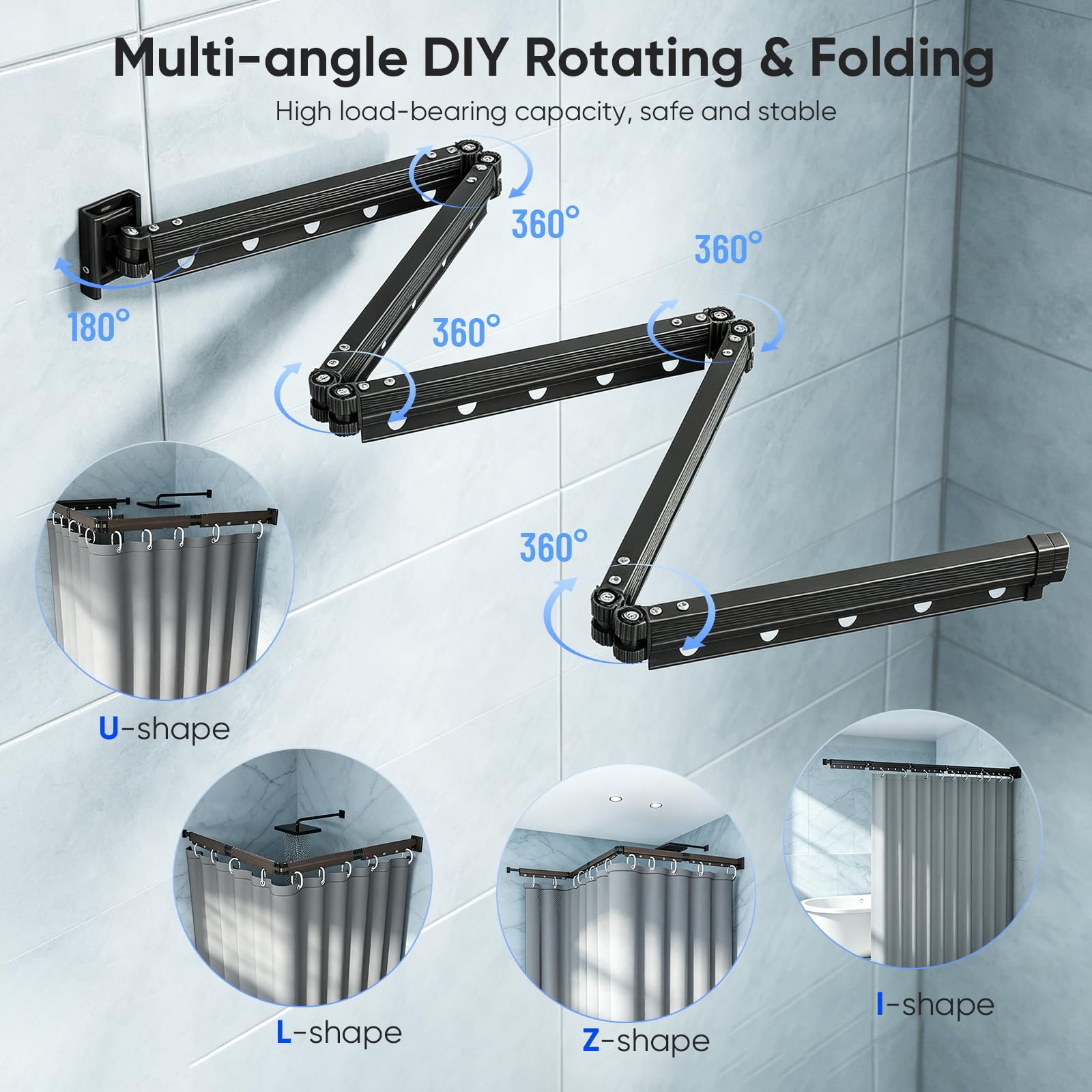 Tringle à rideau de douche pliable sans perçage - 1,8 m x 2 m - Avec tringle - Imperméable - Pliable 4/5 voies (Tringle à rideau de douche noire - Rideau de douche gris)