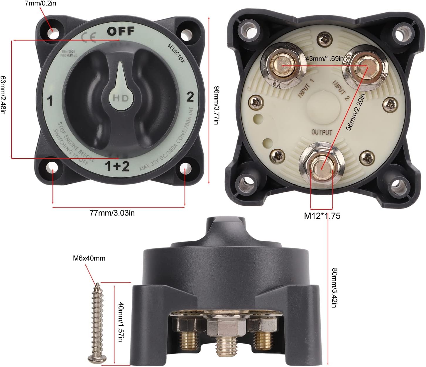 Fydun 500A Marine Battery Disconnect Switch 4 Position Heavy Duty Selector For Rv Boat, Premium Material, Professional Design, Excellent Performance