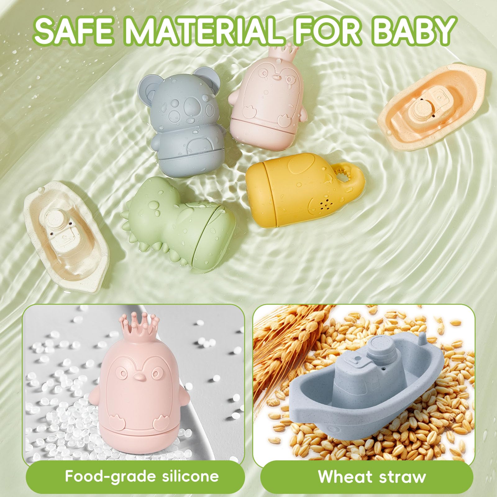 Juguetes de baño para bebés, 9 juguetes de baño sin moho para niños de 1 a 3 años, juguetes de agua con juguete de baño de silicona fácil de limpiar para bebés de 6 a 12 meses y barcos de baño seguros 4