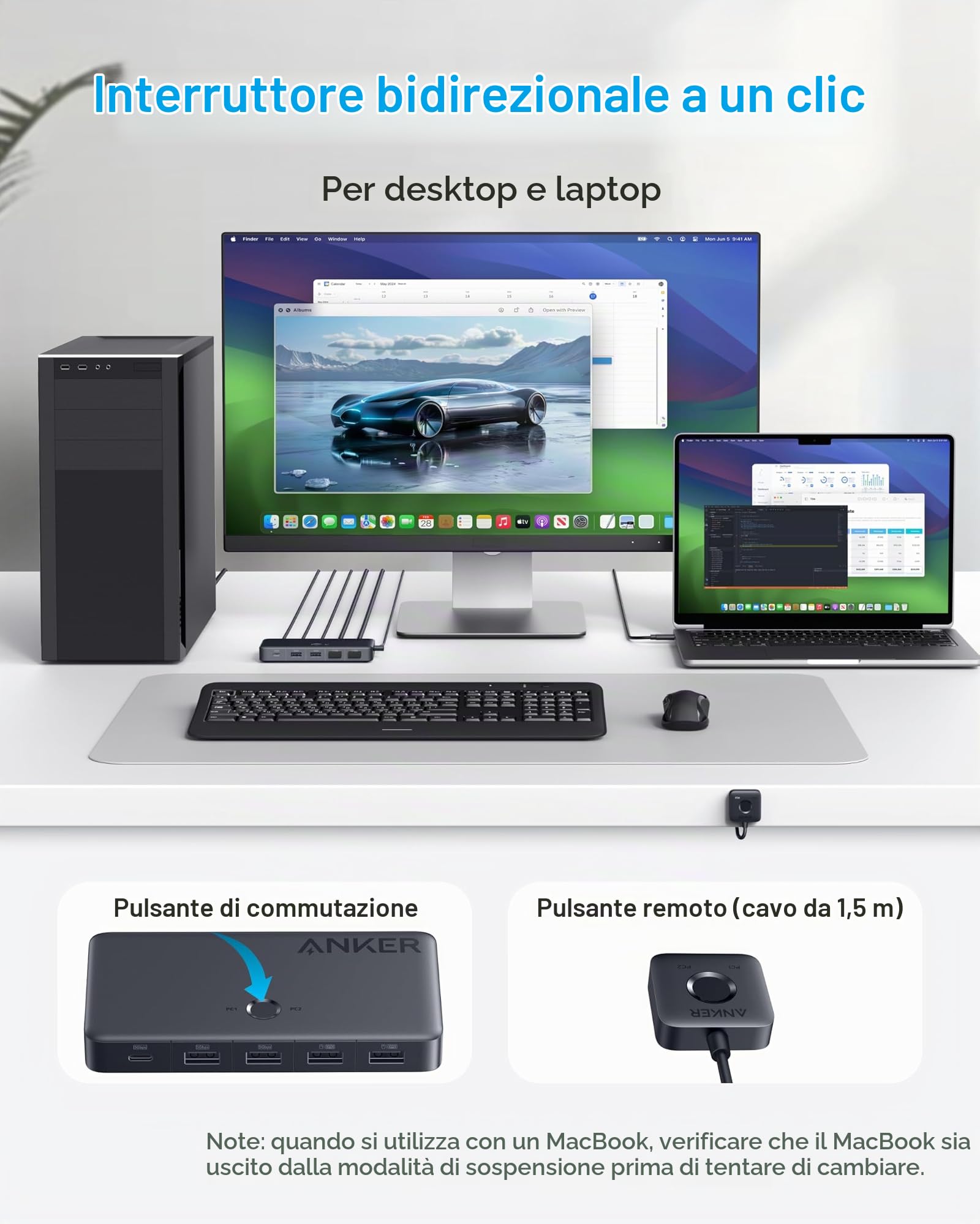 Anker Switch KVM HDMI USB 3.0, 5 porte USB 3.0, supporta 4K @ 60Hz, controllo magnetico tramite pulsante, commutazione con un clic per computer portatile e desktop per Dell, MacBook, iPad