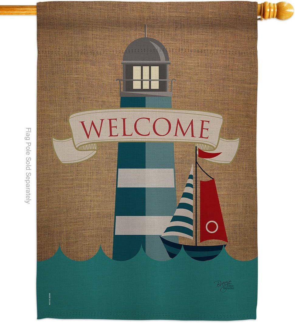 Breeze Decor - Lighthouse & Sailboat Coastal - Everyday Nautical Impressions Decorative Vertical House Flag 28" x 40" Printed In USA