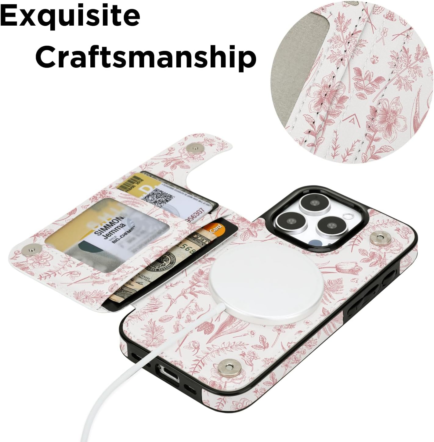 uCOLOR for iPhone 15 Pro Wallet Case with Card Holder Slot【Compatible with MagSafe】 Folio Flip PU Leather RFID Blocking Design with Camera Lens Protector (Nude Flowers, iPhone 15 Pro 6.1") - Image 4