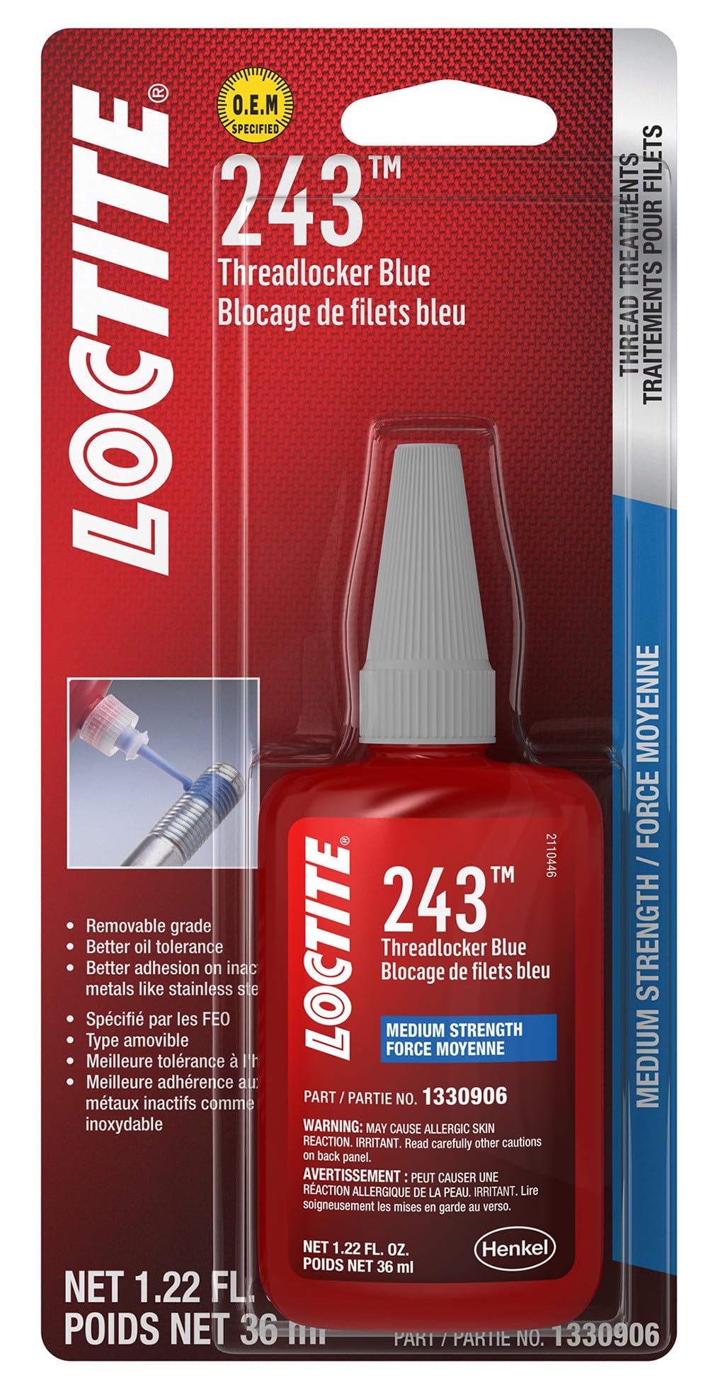 Loctite 1330906 243 Medium Strength Surface Insensitive Threadlocker, 36-Milliliter Tube