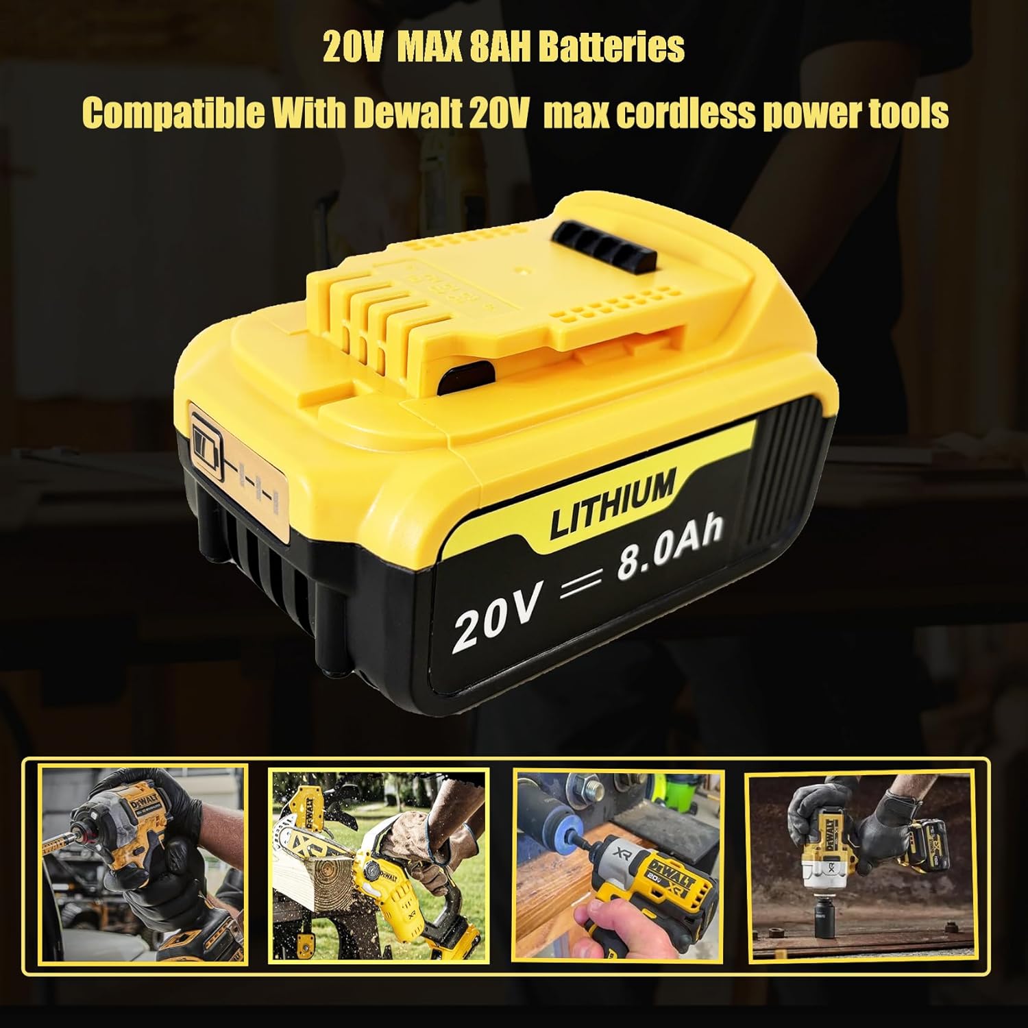 4 Pack 8.0Ah Replacement for Dewalt 20V Battery，Compatible with Dewalt Battery DCB200 DCB206 DCB204 DCB203 With LED indicator light, it can be quickly charged and matched with the original charger
