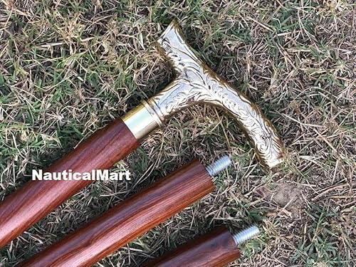 Miniatura 3 de Bastón de latón con mango estilo Fritz con eje de madera de haya marrón