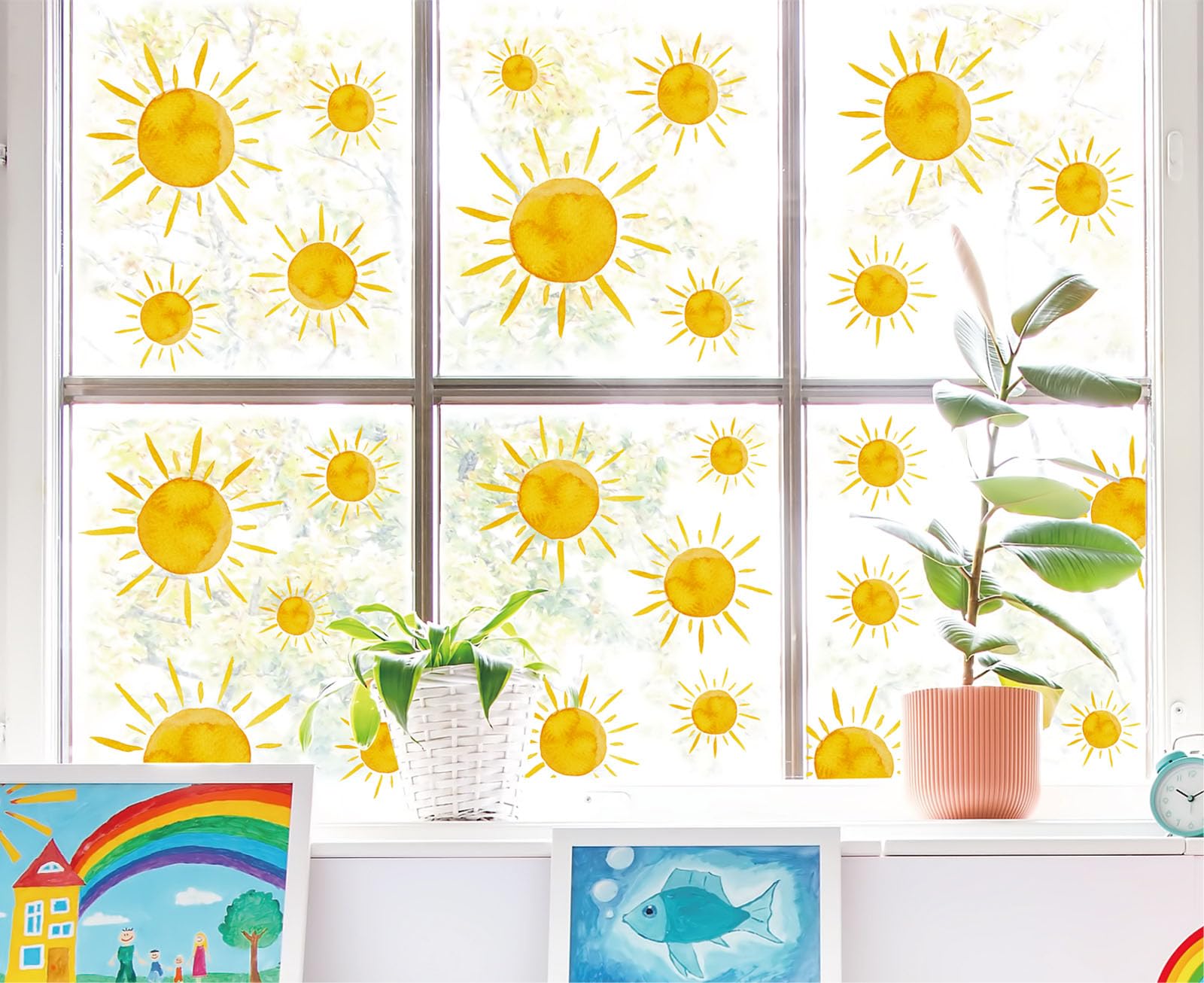Whaline 9Pcs Boho Sun Window Clings Watercolor Style Yellow Sunshine Window Decals Double-Sided PVC Stickers for School Classroom Nursery Home Living Room Bedroom Playroom Decor