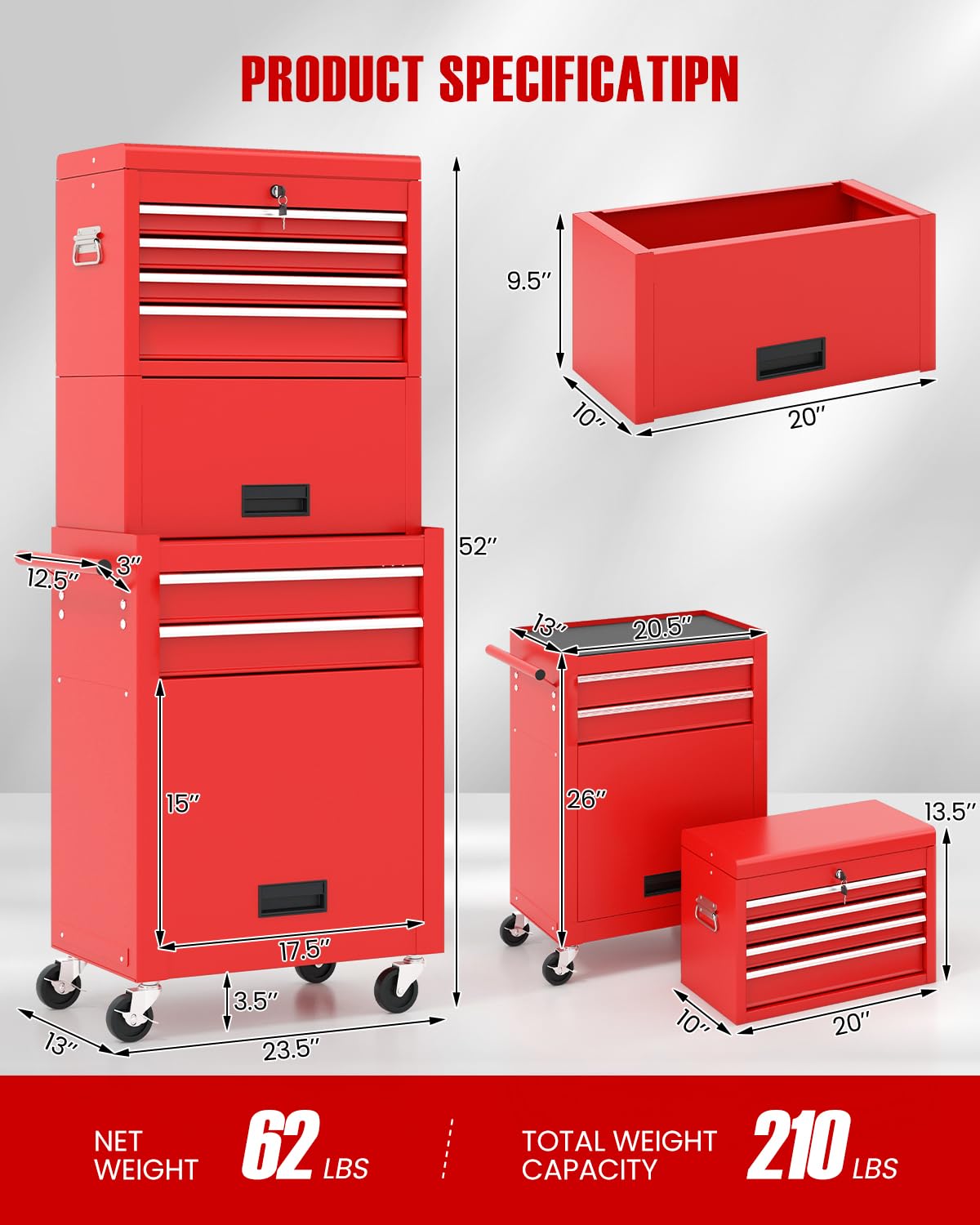 CHEFJOY Tool Chest, 5-Drawer Rolling Tool Storage Cabinet w/Auto Locking System & Lockable Wheels, Detachable Top Tool Box, Metal Tool Cart for Warehouse Garage Workshop Barbershop Repair Shop, Red