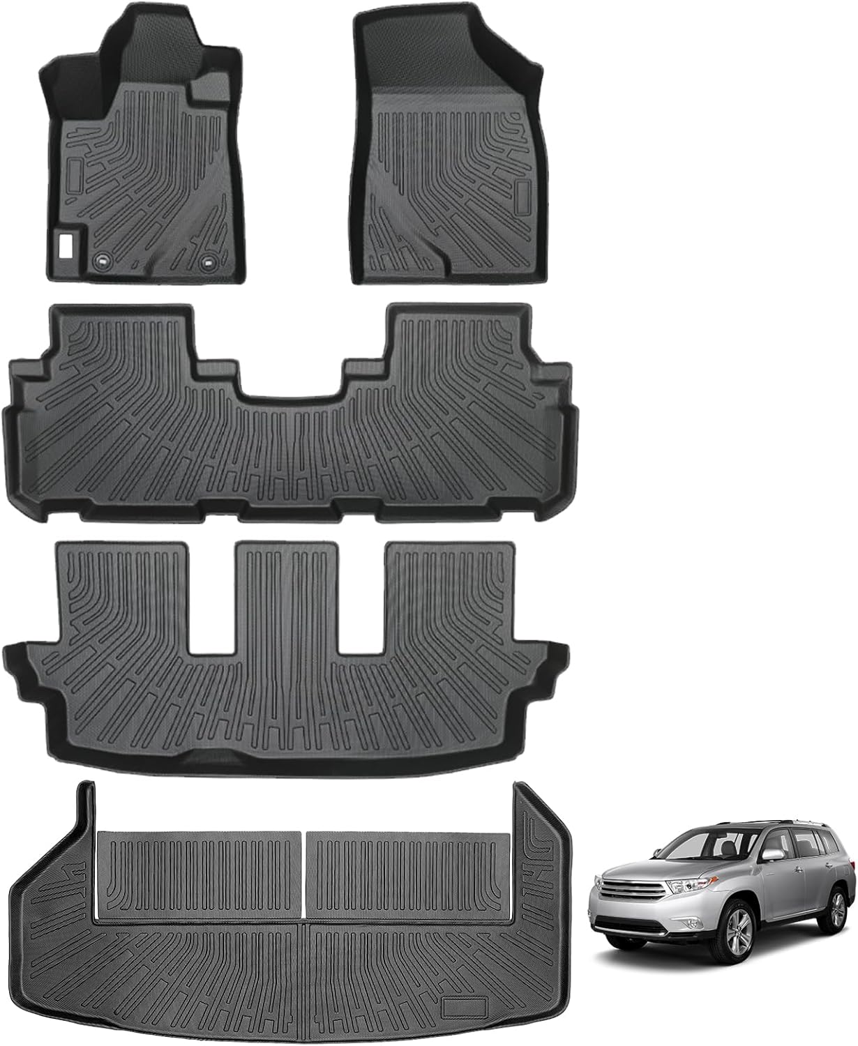 JAOGAUS Floor Mats for Toyota Highlander 2008-2013 Non-Hybrid: All-Weather TPE Liners, Custom 3D Fit, 3-Row + Trunk, Waterproof Anti-Slip Full Set