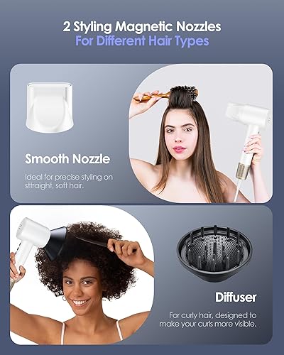 Miniatura 8 de Secador de pelo -Bopcal Ionic Blow Dryer, 500 millones de iones de secado rápido, secador de pelo de bajo ruido, 3 velocidades y 4 temperaturas con