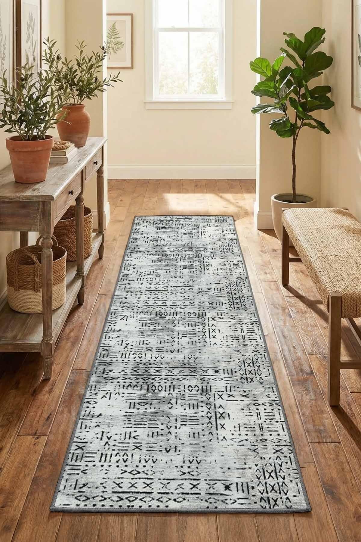 Monnhein Gri Yolluk 1111Açik - Yıkanabilir, Kaymaz Taban, Dijital Baskılı, Leke Tutmaz, İnce Hav, Modern Koridor, Mutfak, Antre ve Salon için Dekoratif Yolluk