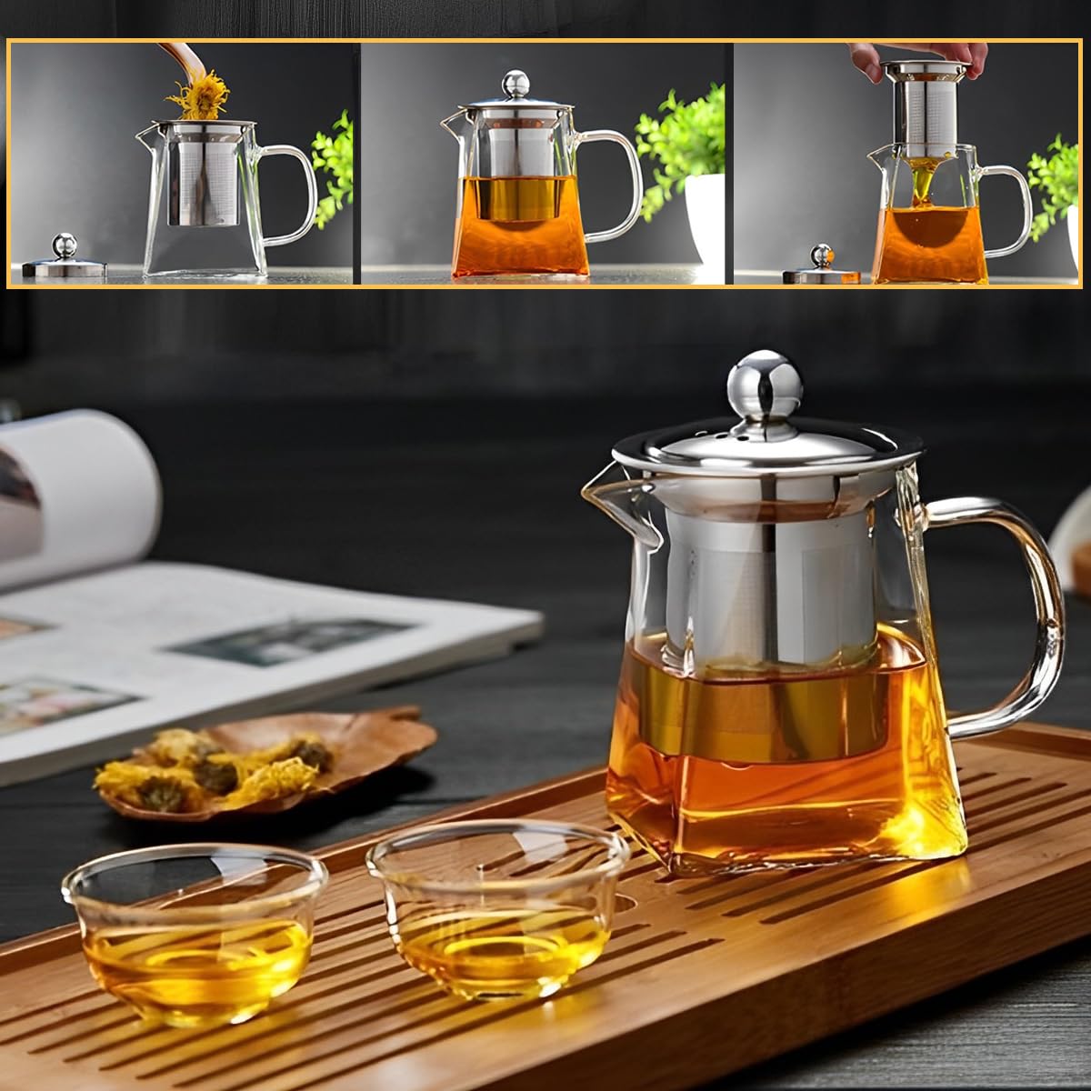 LiRiQi Teiera in Vetro 950ml Con Filtro Infusore Removibile - Resistente al Calore, Perfetta per Tè, Caffè e Tisane, Compatibile Con Fornelli