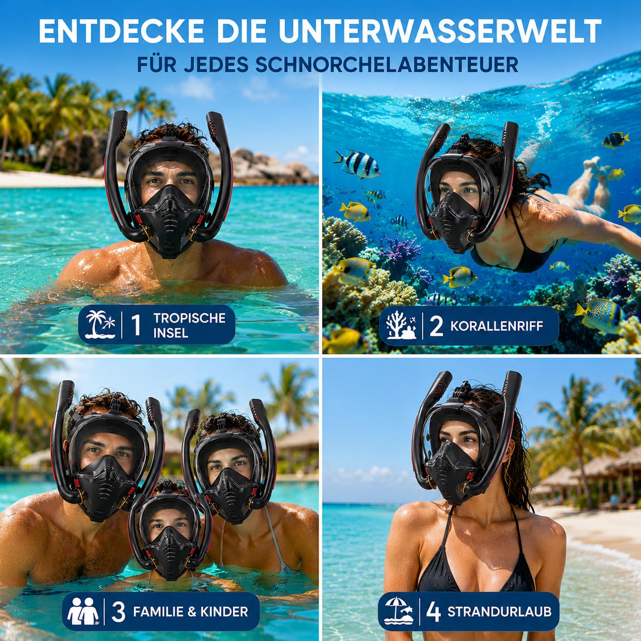 Schnorchelmaske Erwachsene, Tauch-Vollmaske mit Doppelatmungsrohren, Anti-Beschlag 180° Schwimmmaske, Silikonmaske für Schnorcheln Tauchen, Brillenträger tauglich