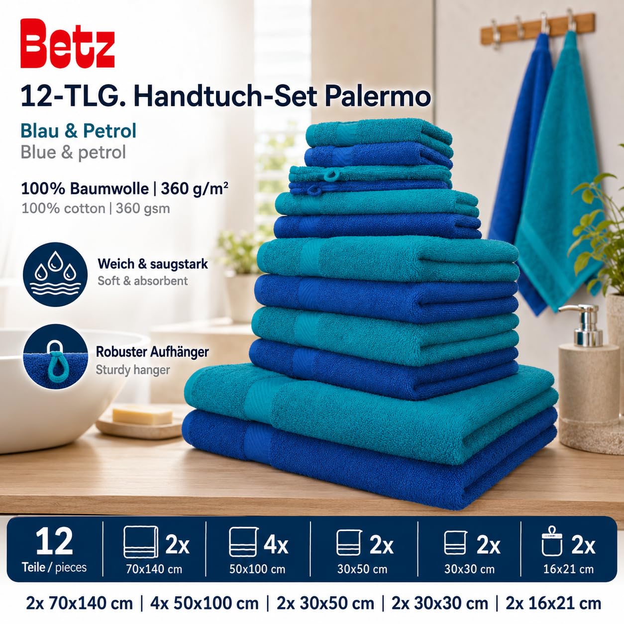 Betz Lot de 12 pièces 100% Coton Palermo 2 draps de Bain 4 Serviettes de Toilette 2 d'invités 2 lavettes 2 Gants de Toilette Couleur Bleu et pétrole