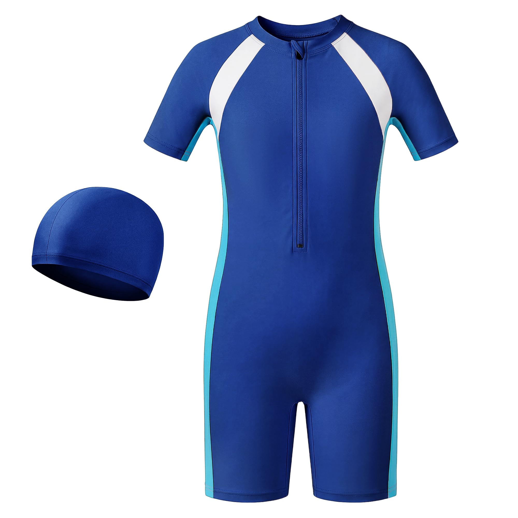 Maillot de Bain Fille et Garçon, Combinaison de Natation Une Pièce à Manches Courtes avec Fermeture Éclair+Bonnet, Enfant Costume de Bain pour Piscine et Plage Été, 4-12 Ans