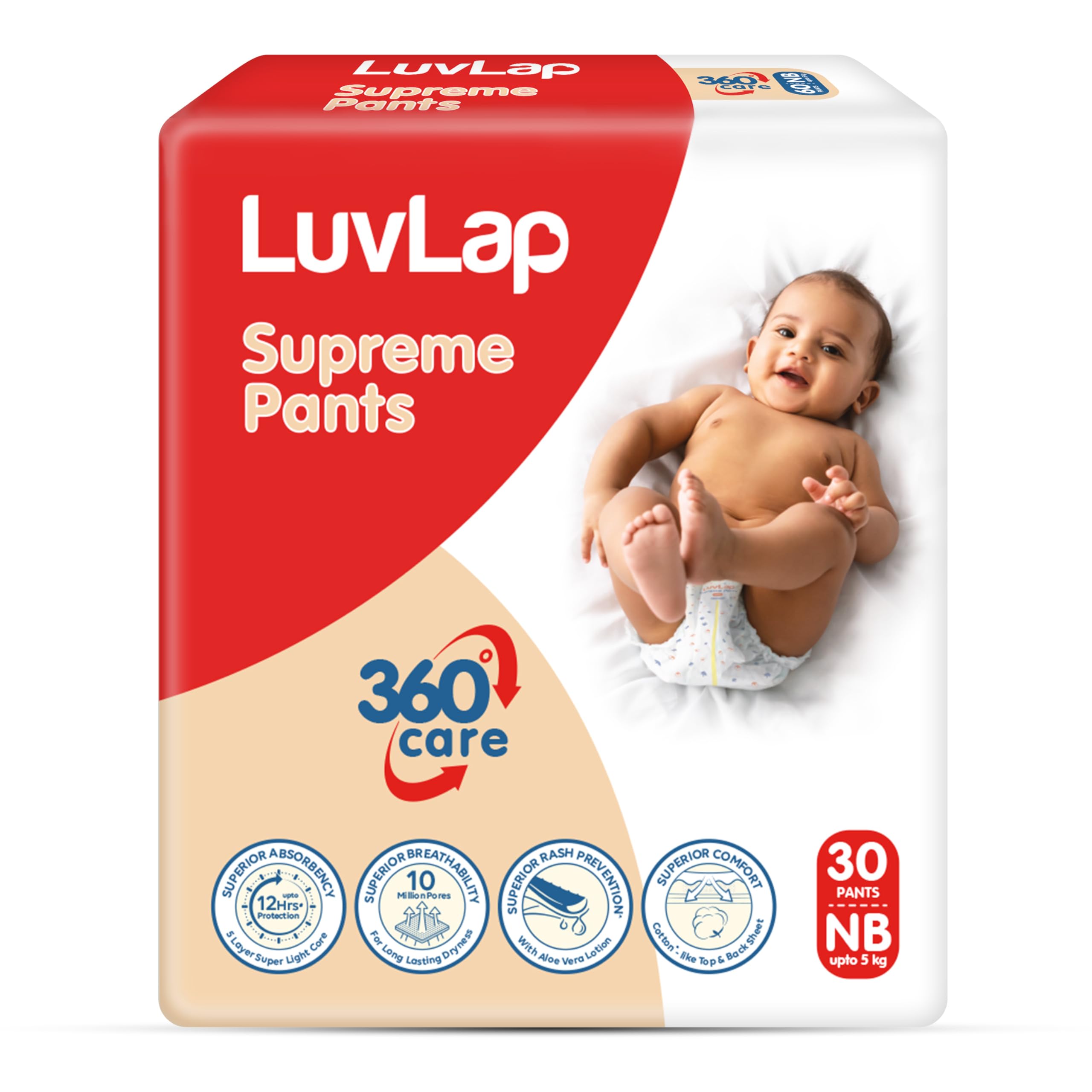 Luv LapSupreme Diaper Pants New Born (NB) 0 to 5kg, 30pcs, 360° skin care with 10 million breathable pores, Aloe Vera for superior Rash prevention, upto 12hr protection, 5 layer super light core