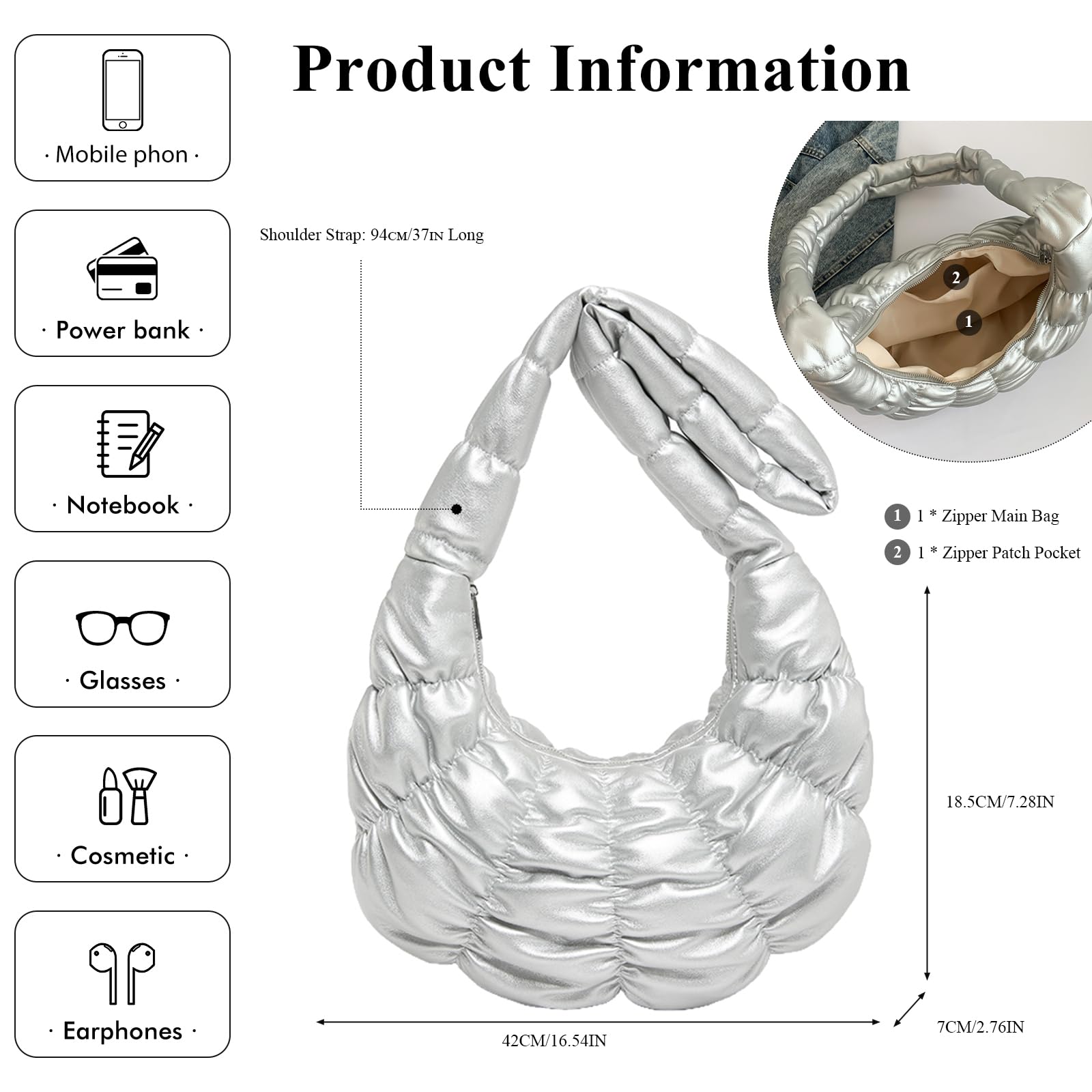 Quilted Tote Bag for Women Winter Soft Puffer Bag Lightweight Cloud Padded Hobo Bags Quilted Crossbody Shoulder Bag (Silver)