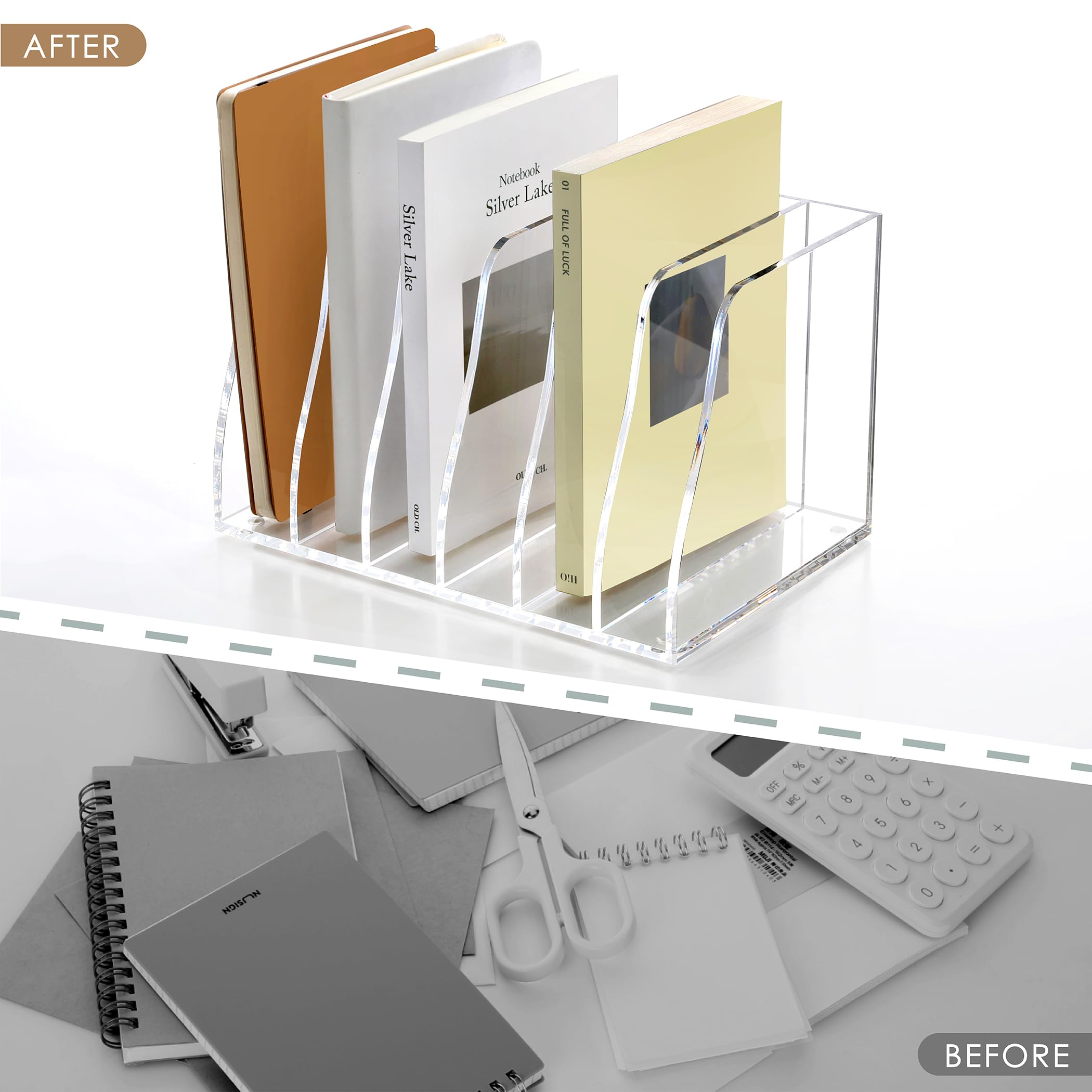 SANRUI Portariviste in acrilico, 6 scomparti verticali, organizer per documenti da scrivania, cartelle trasparenti per libreria, spazio di lavoro, accessori da ufficio