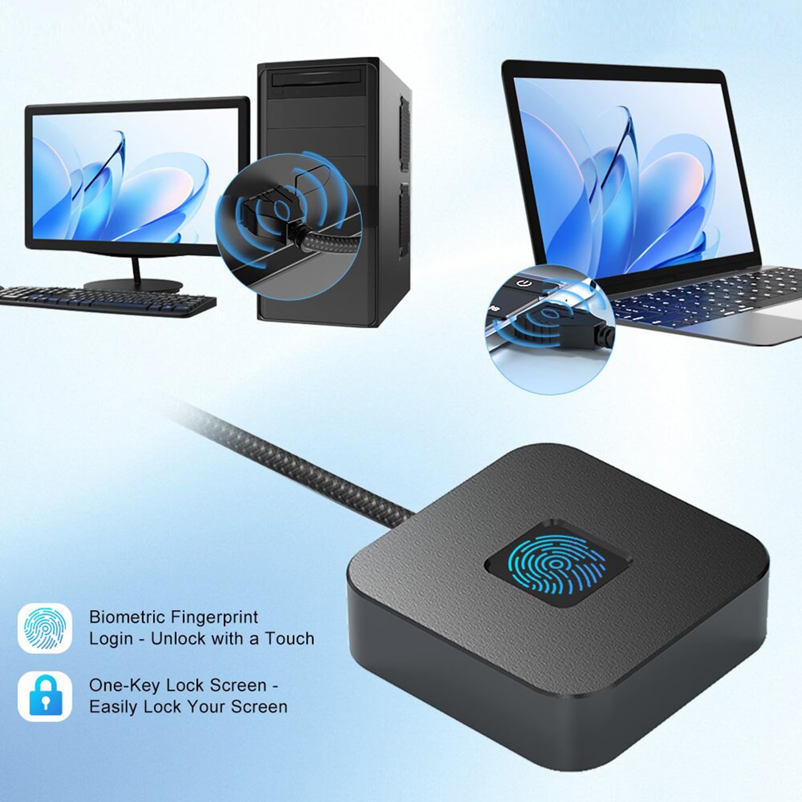 FILFEEL Czytnik Linii Papilarnych USB do Komputera PC — Dotykowy Skaner Biometryczny 360° z Logowaniem Hello <0,3 S, Kluczem Zabezpieczającym ze Stopu Cynku dla Wersji 10 i 11, Obsługuje USB-A i