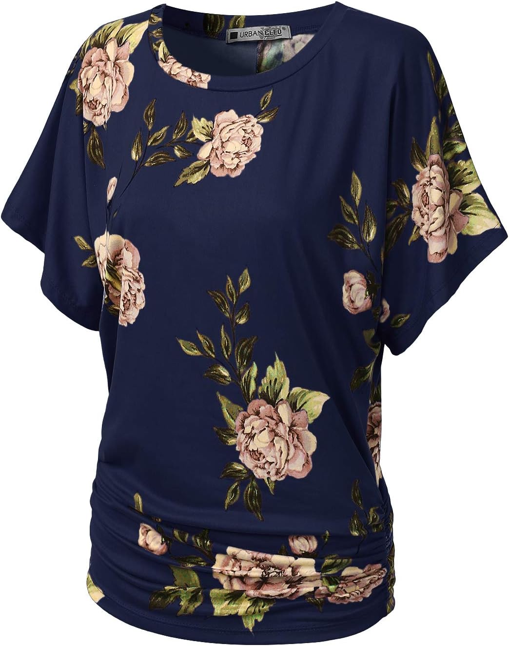Womens Boat Neck Rose Floral Dolman Top Shirts Navy, S