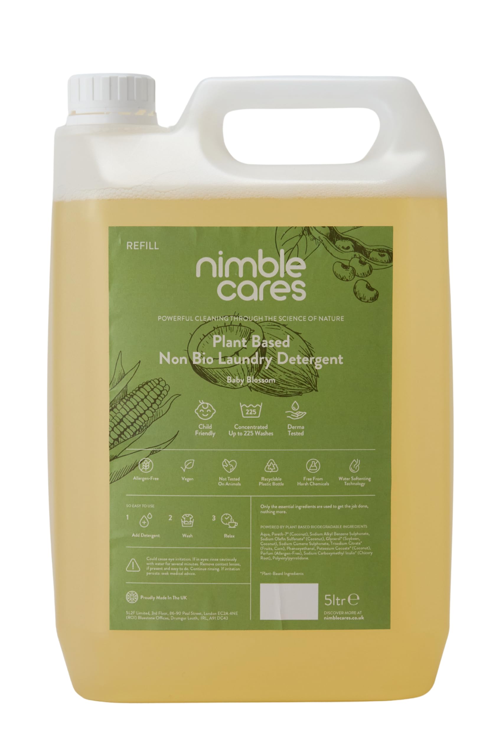 Nimble Cares Plant Based Non Bio Laundry Detergent Baby Blossom refill 5000ml (Up to 225 washes)