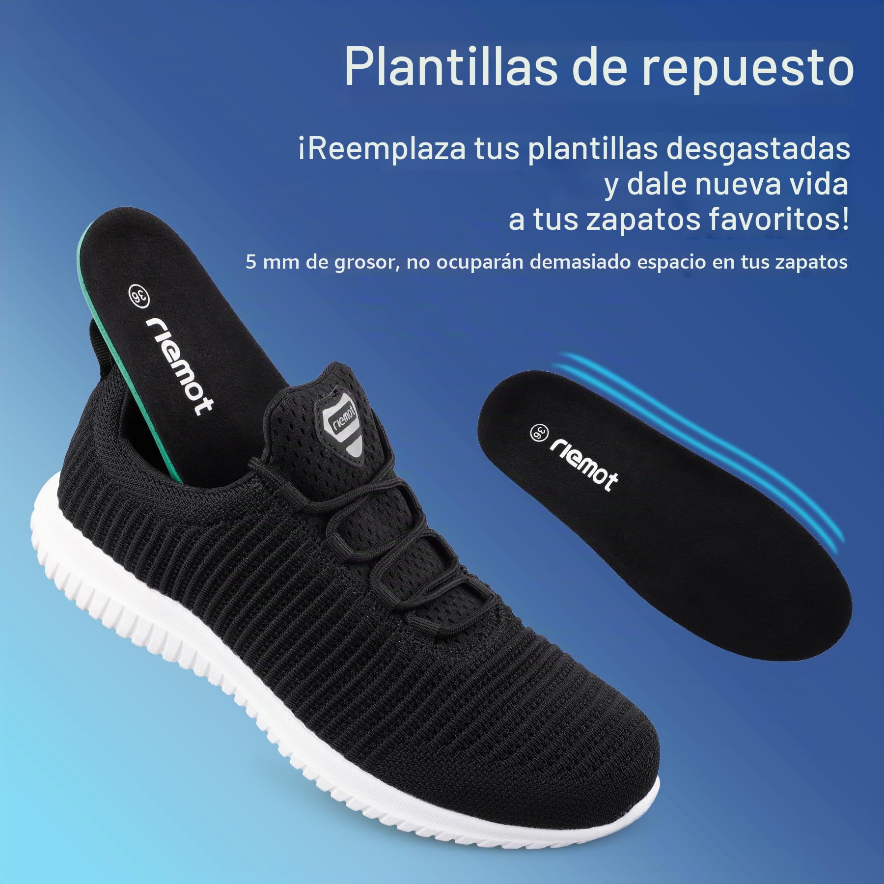 Riemot Plantillas Confortables de Reemplazo para Zapatos Hombres Mujeres, Plantillas Absorción de Impacto Amortiguación para Botas de Trabajo Zapatos para Correr Entrenadores
