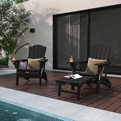 Miniatura 2 de Sillas Adirondack plegables ajustables con otomana y 1 portavasos, HDEP silla Adirondack multifuncional con reposapiés, color negro